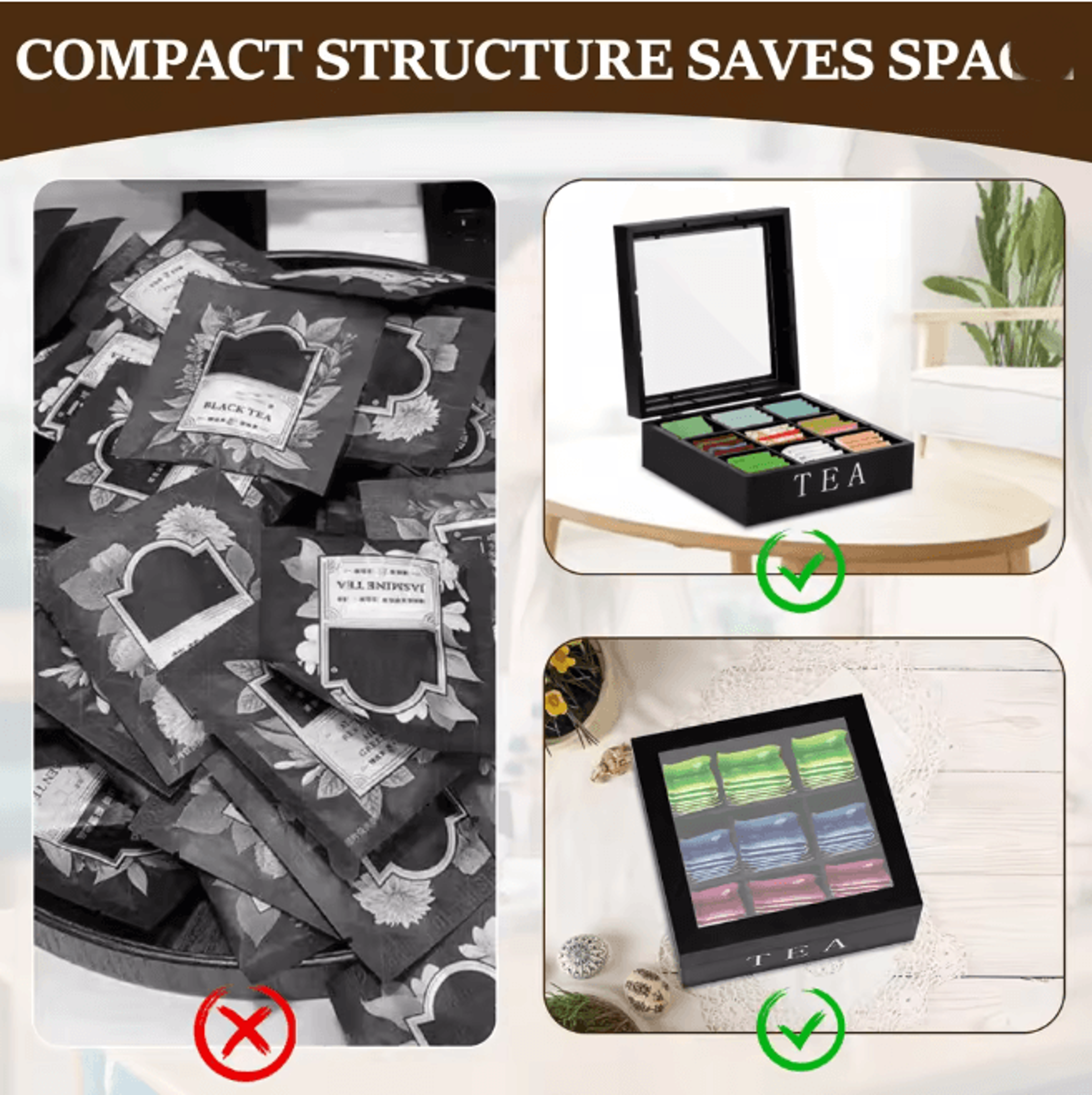 Wood Tea Bag Storage Box With Clear Lid And Dividers 2