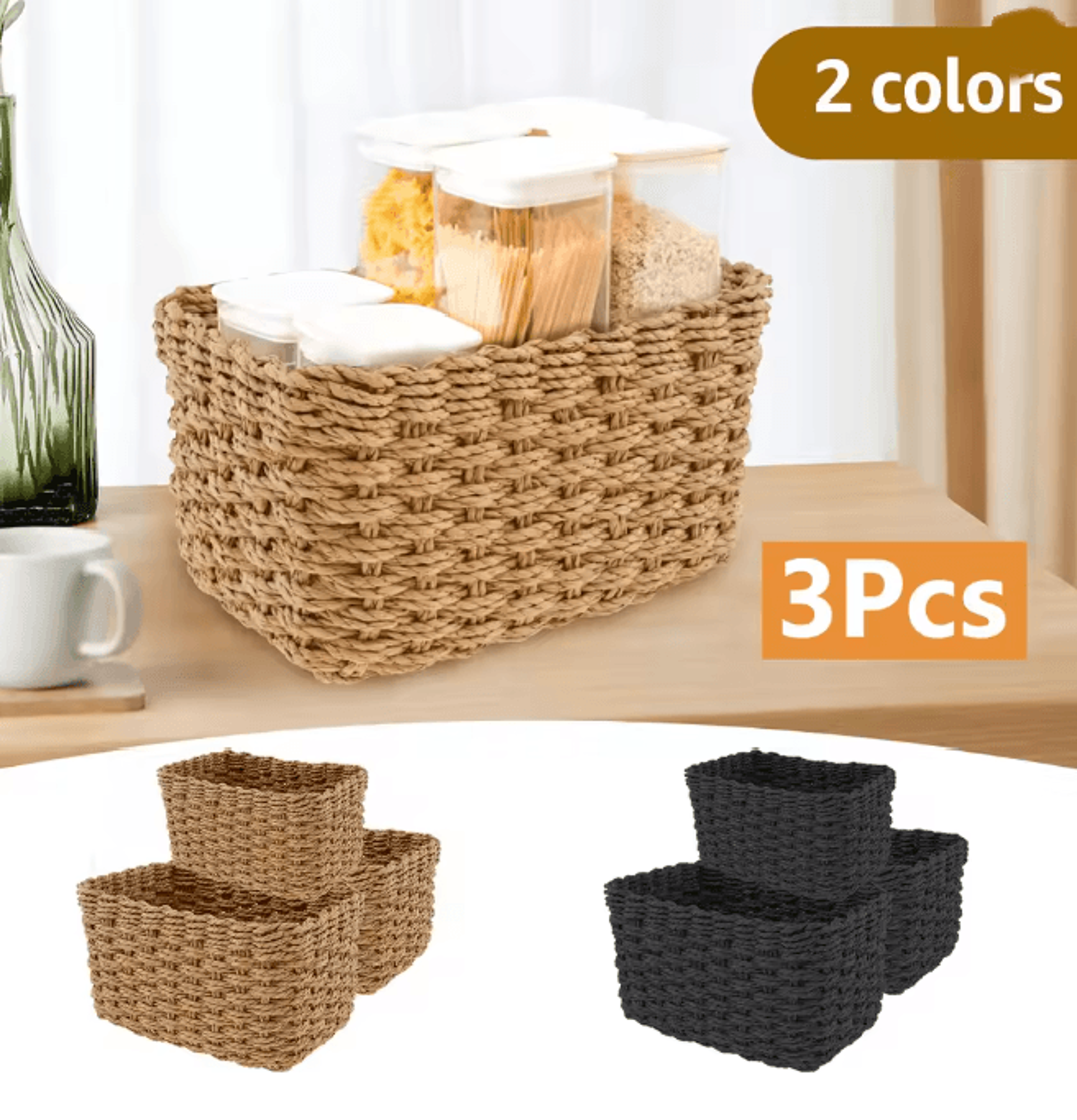 Grass Woven Storage Baskets Set Decorative Multipurpose Organizer Bins Set Of 3 0