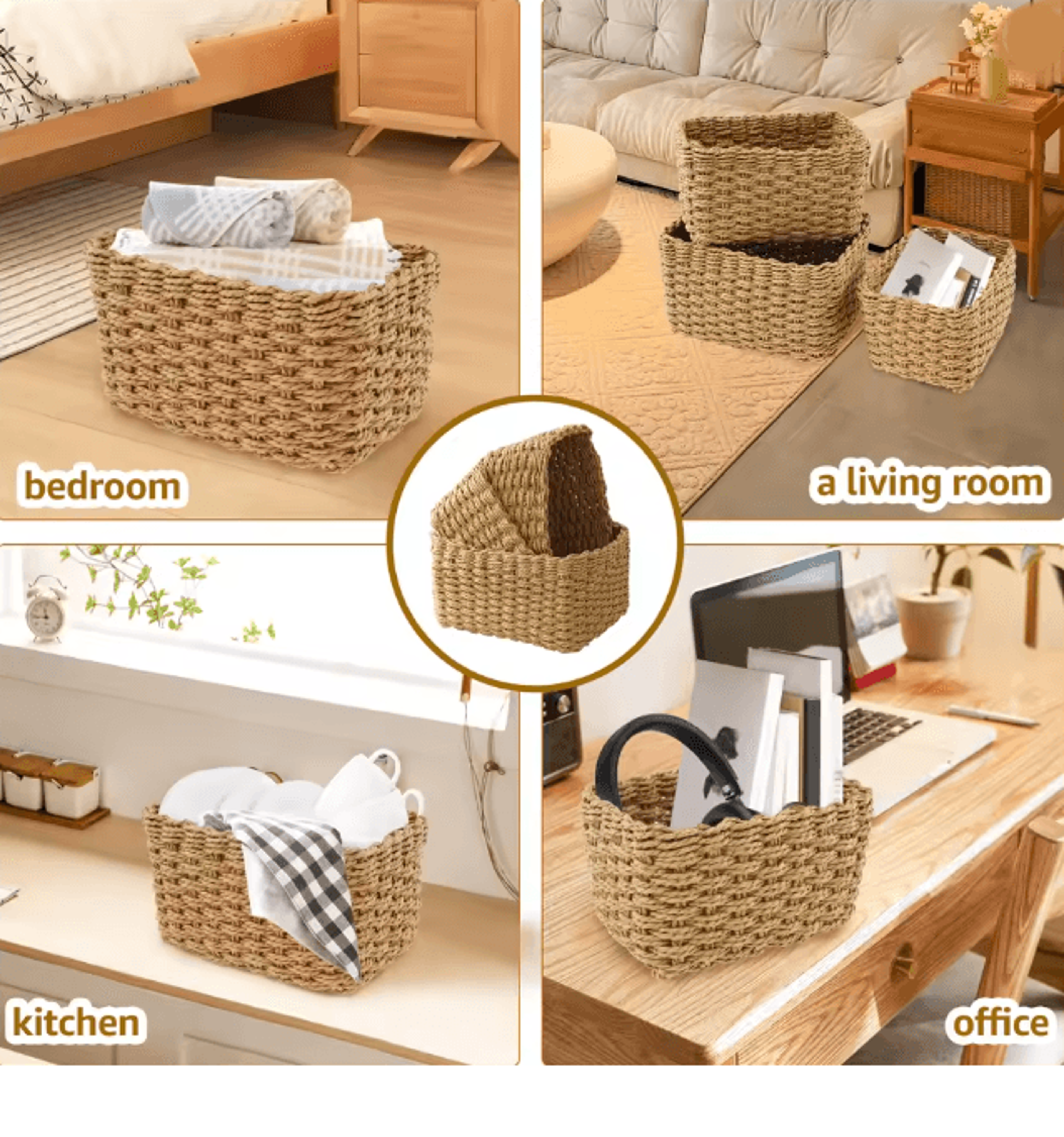 Grass Woven Storage Baskets Set Decorative Multipurpose Organizer Bins Set Of 3 2