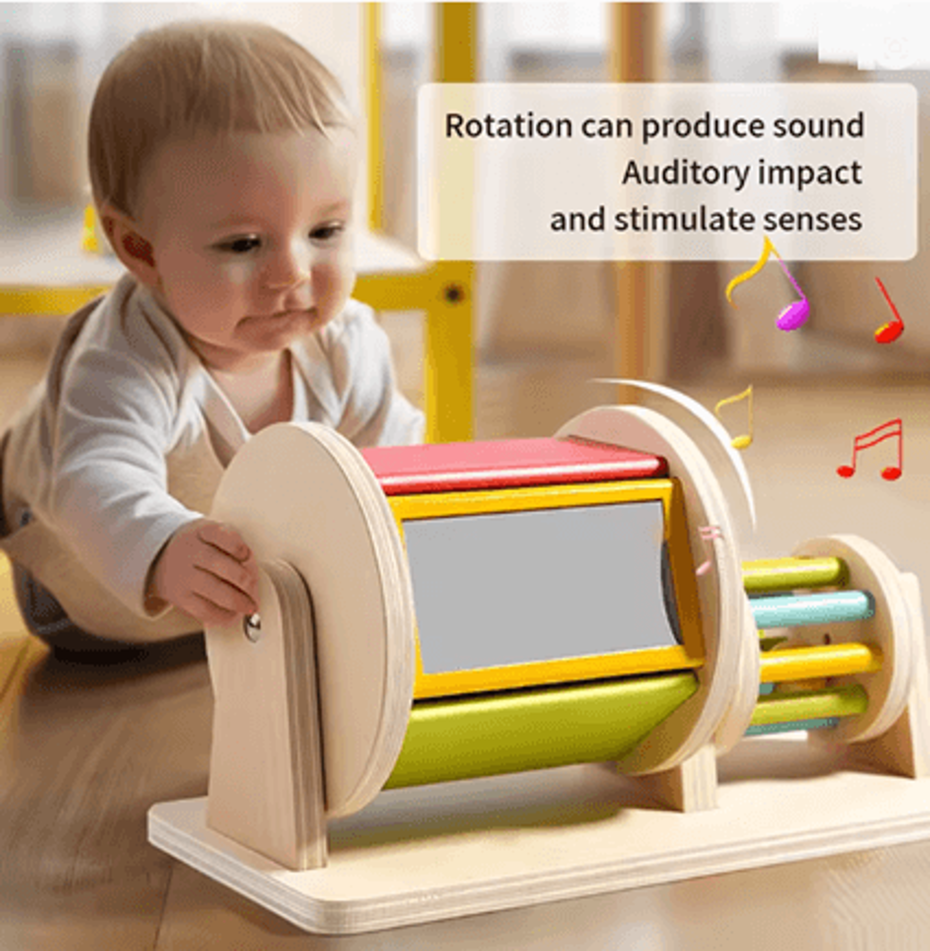 Montessori Wooden Spinning Drum Baby Sensory Toy For Toddlers 3