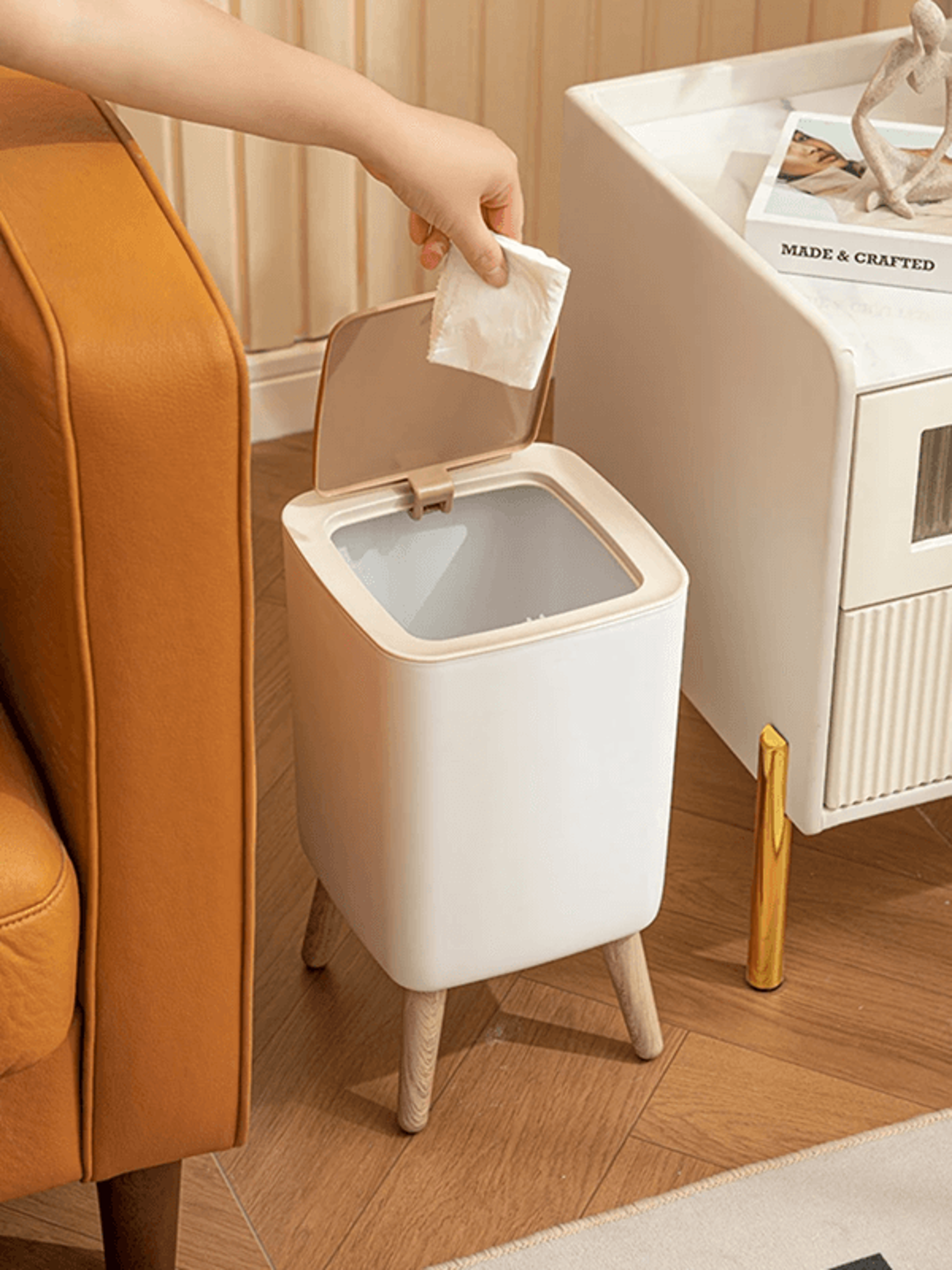 Modern Press Lid Trash Can With Wood Grain Design For Bedroom Bathroom And Living Room 1