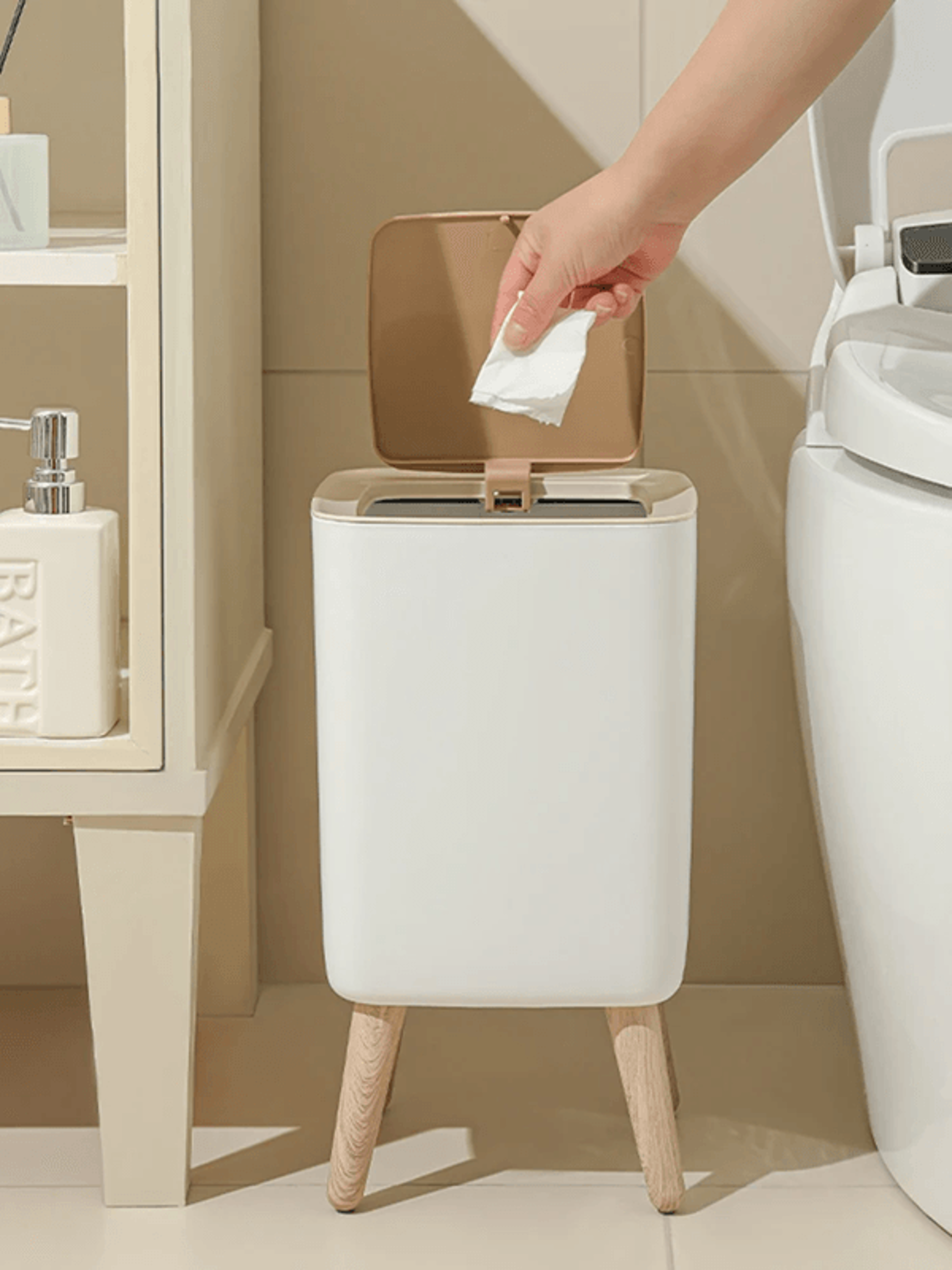 Modern Press Lid Trash Can With Wood Grain Design For Bedroom Bathroom And Living Room 2