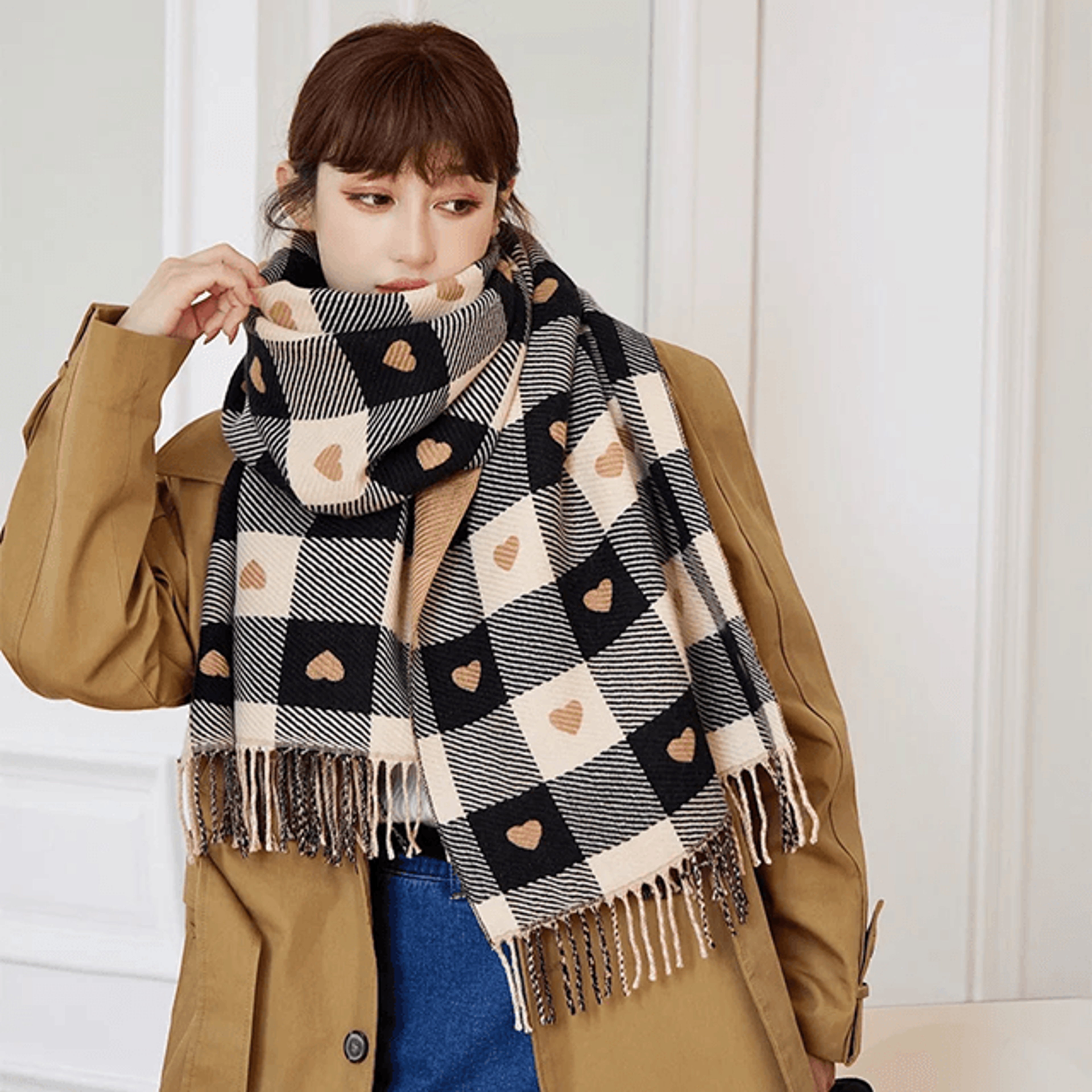 Womens Plaid Blanket Scarf Heart Pattern Warm Shawl For Autumn And Winter 3
