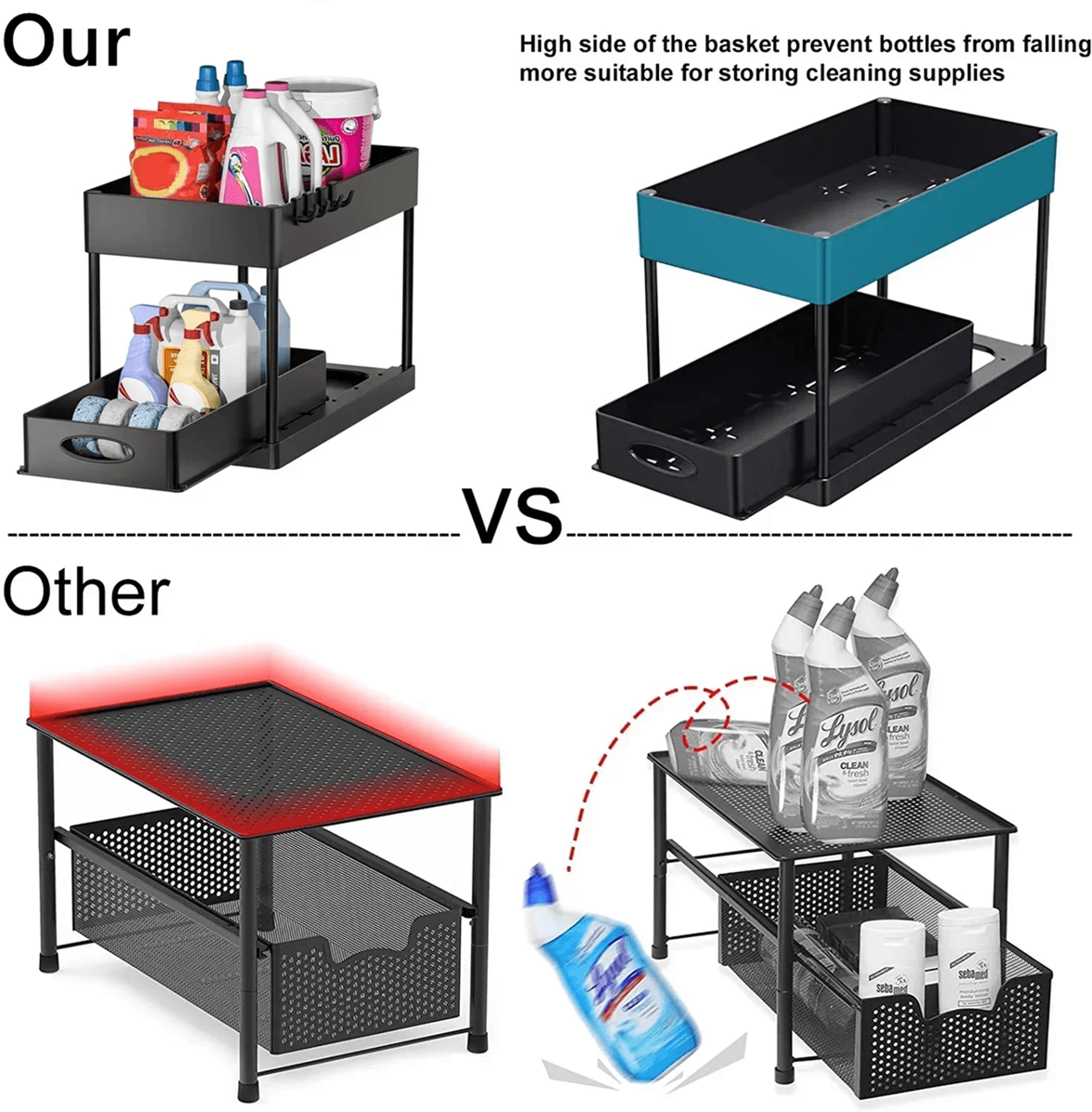 2 Tier Under Sink Organizer Sliding Cabinet Storage Rack With Hooks 0