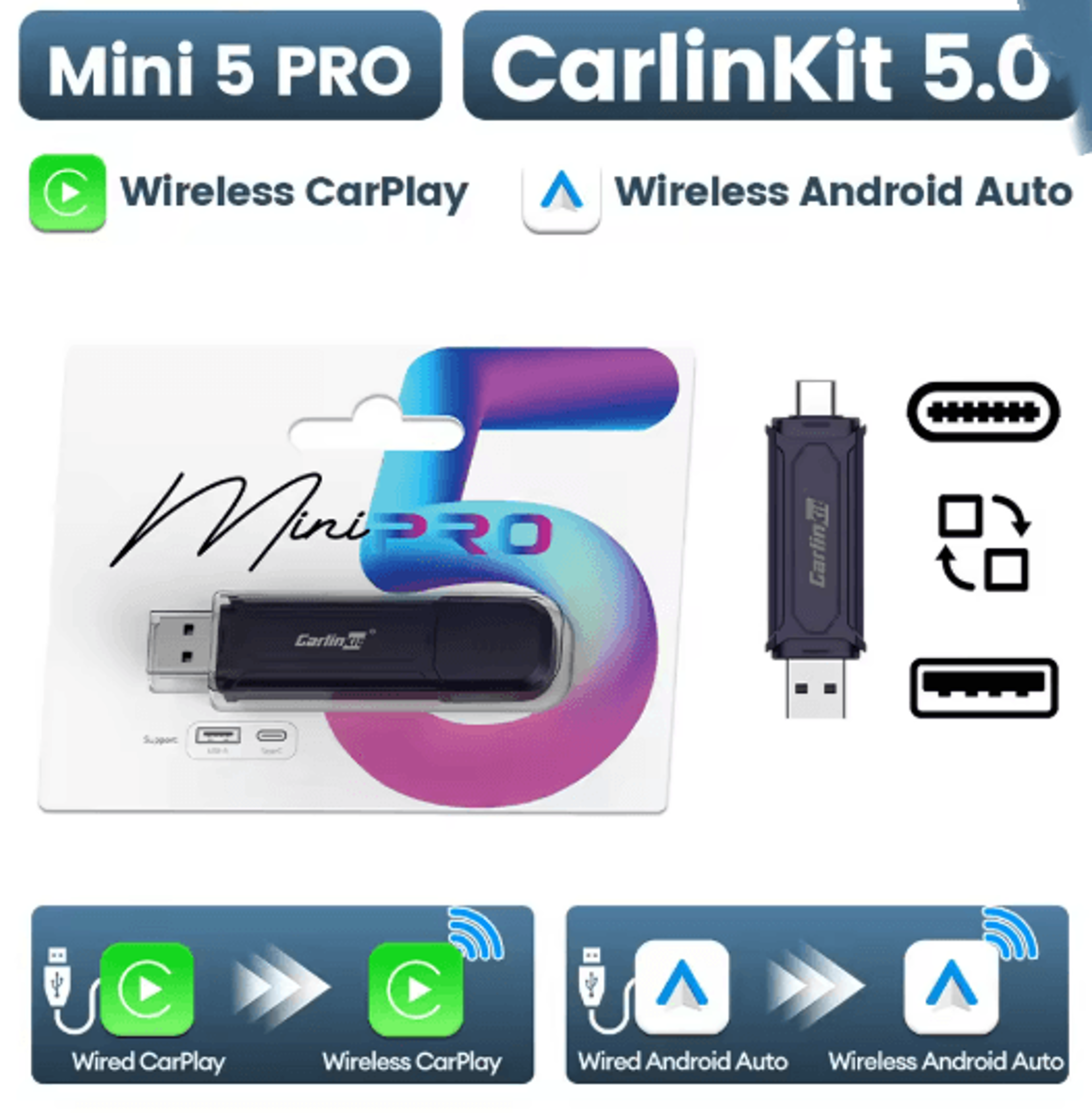 CarlinKit 50 Wireless CarPlay And Android Auto Adapter With Dual Band WiFi 3