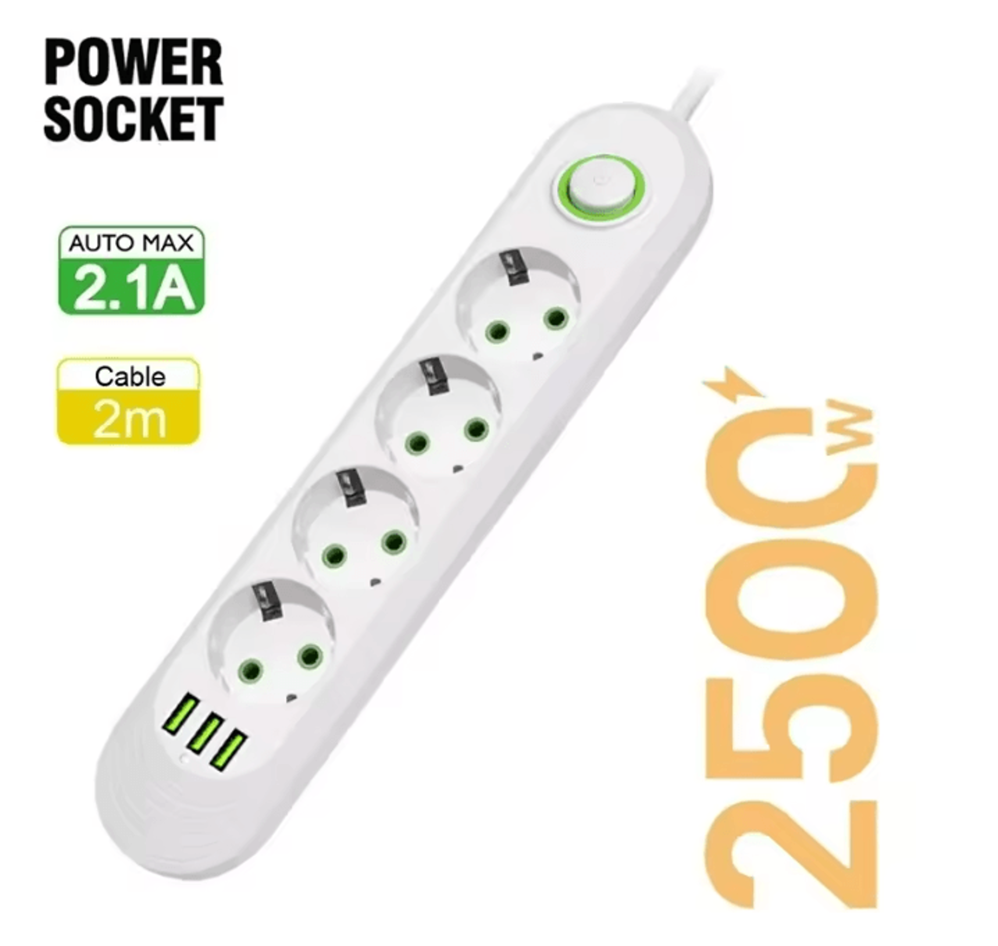 EU Power Strip Extension Cord With USB Ports 2M Cable Multi Socket Adapter 7