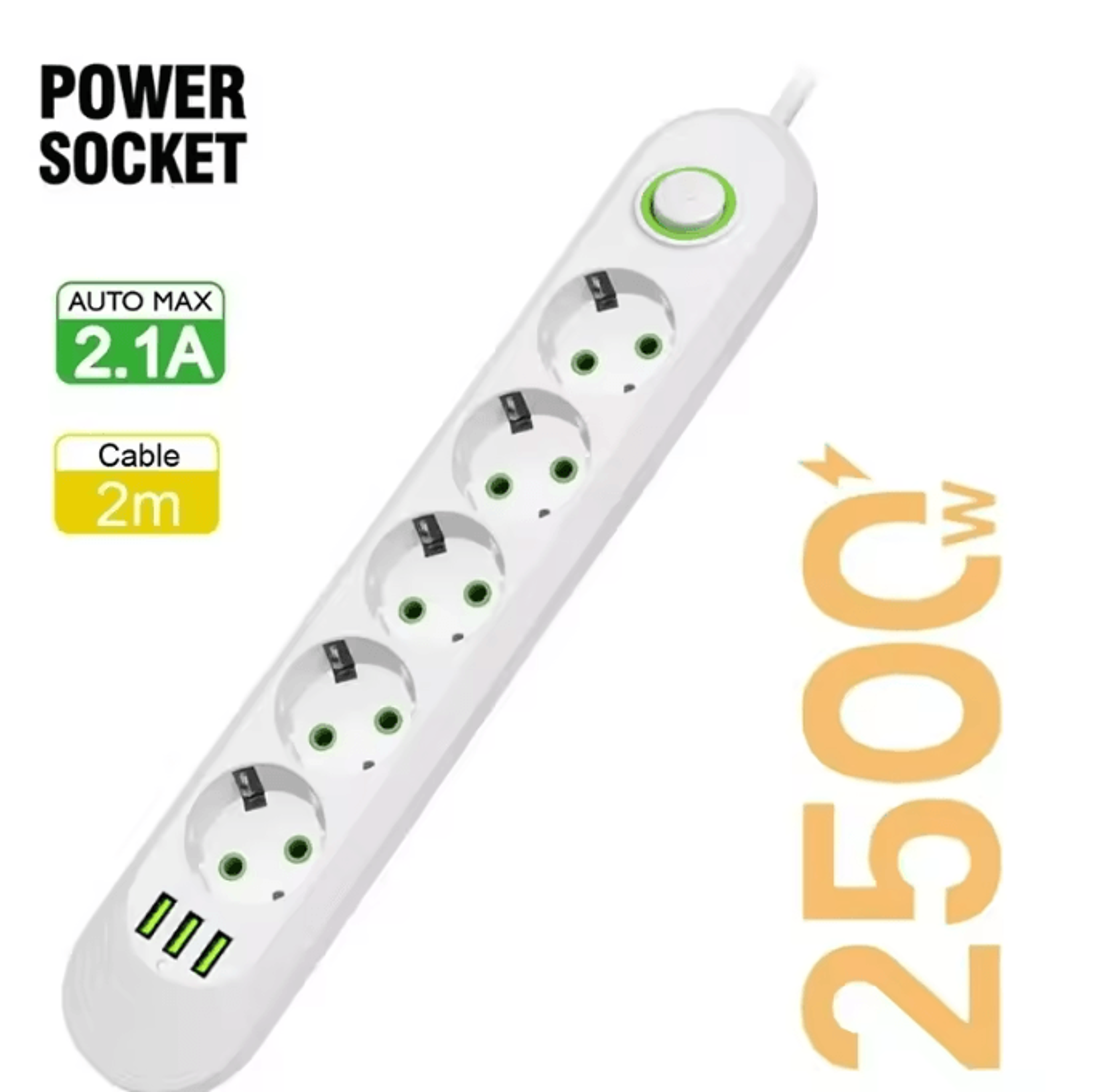 EU Power Strip Extension Cord With USB Ports 2M Cable Multi Socket Adapter 8