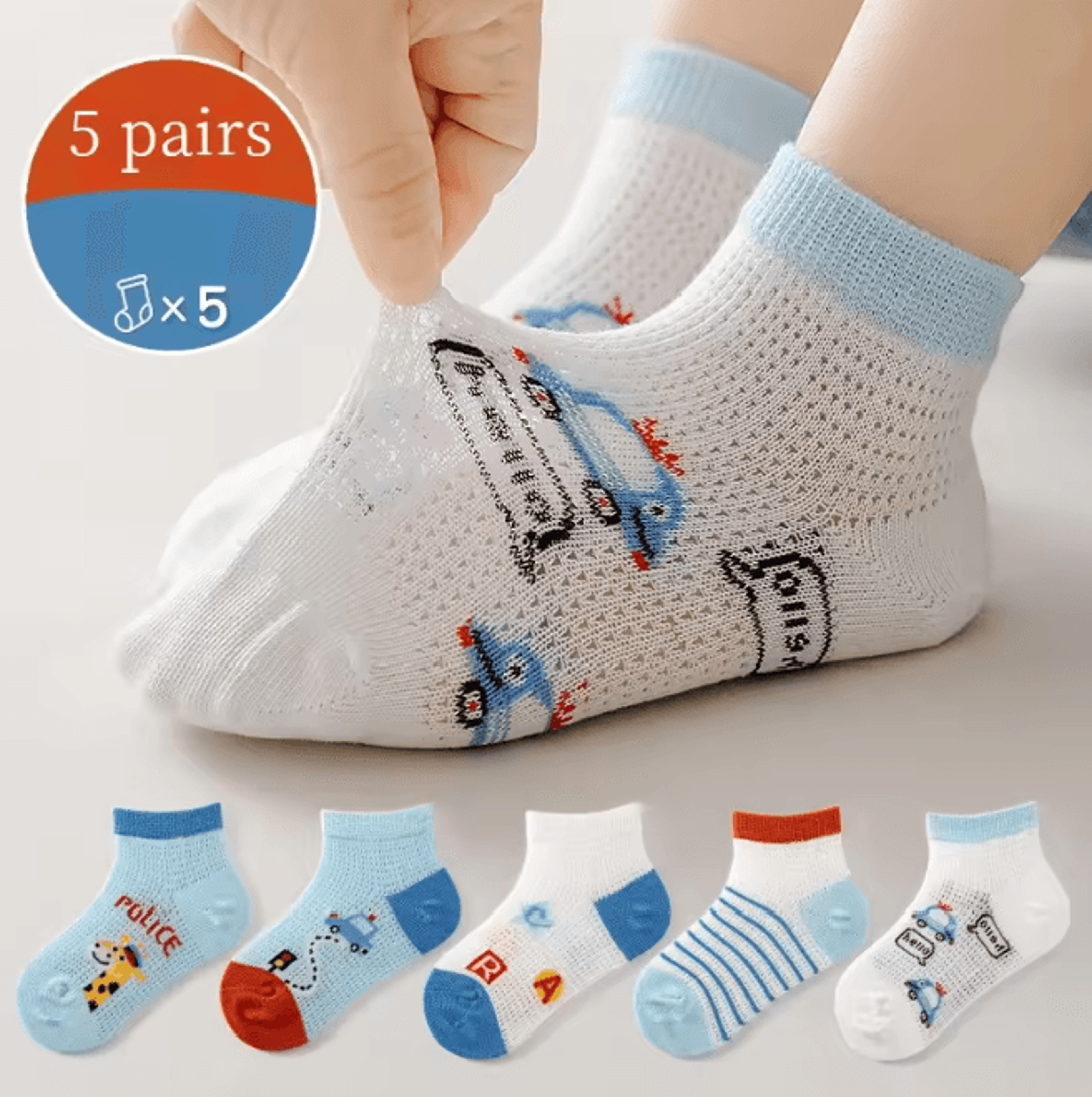 BreezeStep Summer Cotton Kids Socks 5 Pair Cartoon Mesh Set 1