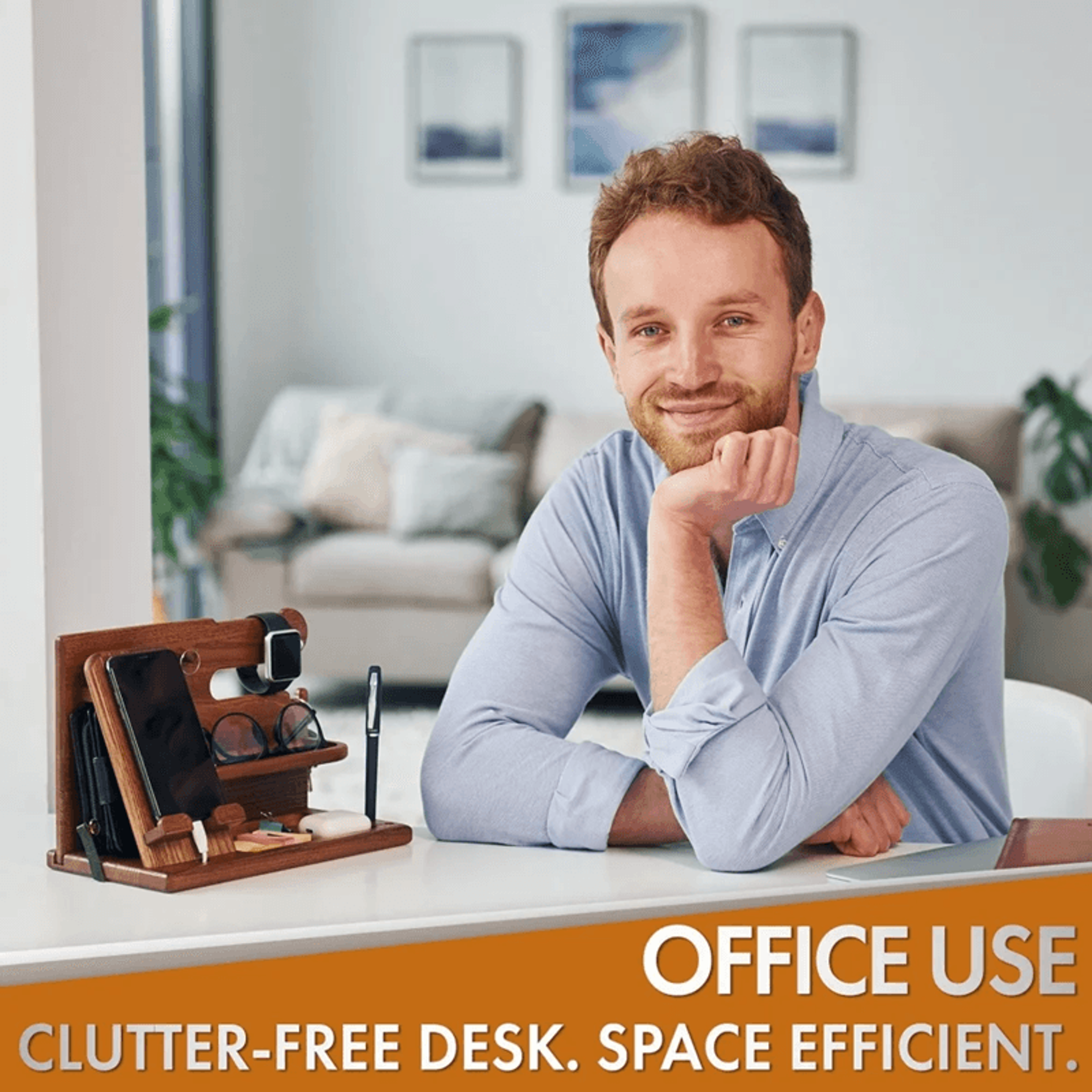 wooden desk organizer with phone holder and watch stand