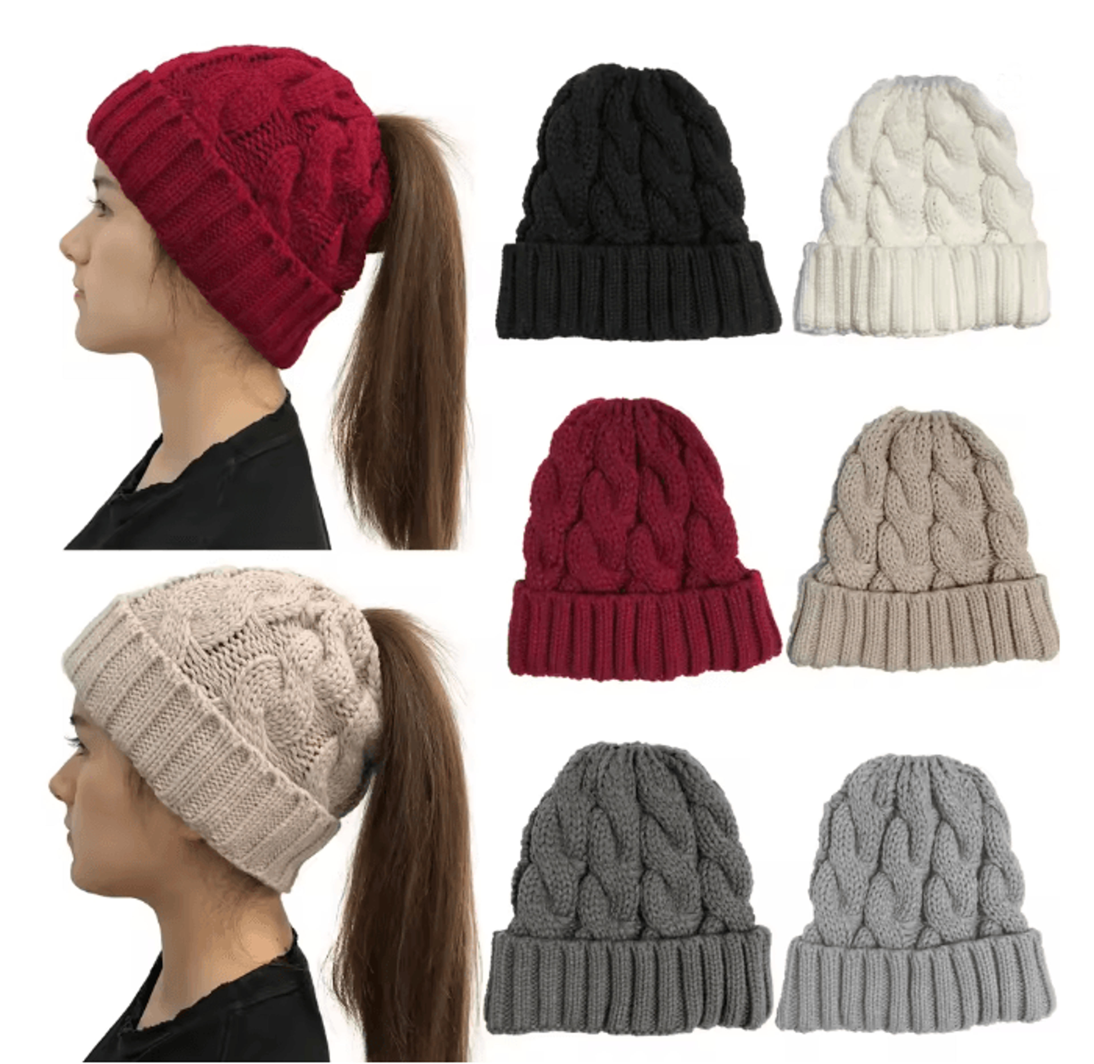 womens knit pom pom beanie winter ponytail hat with ear braids