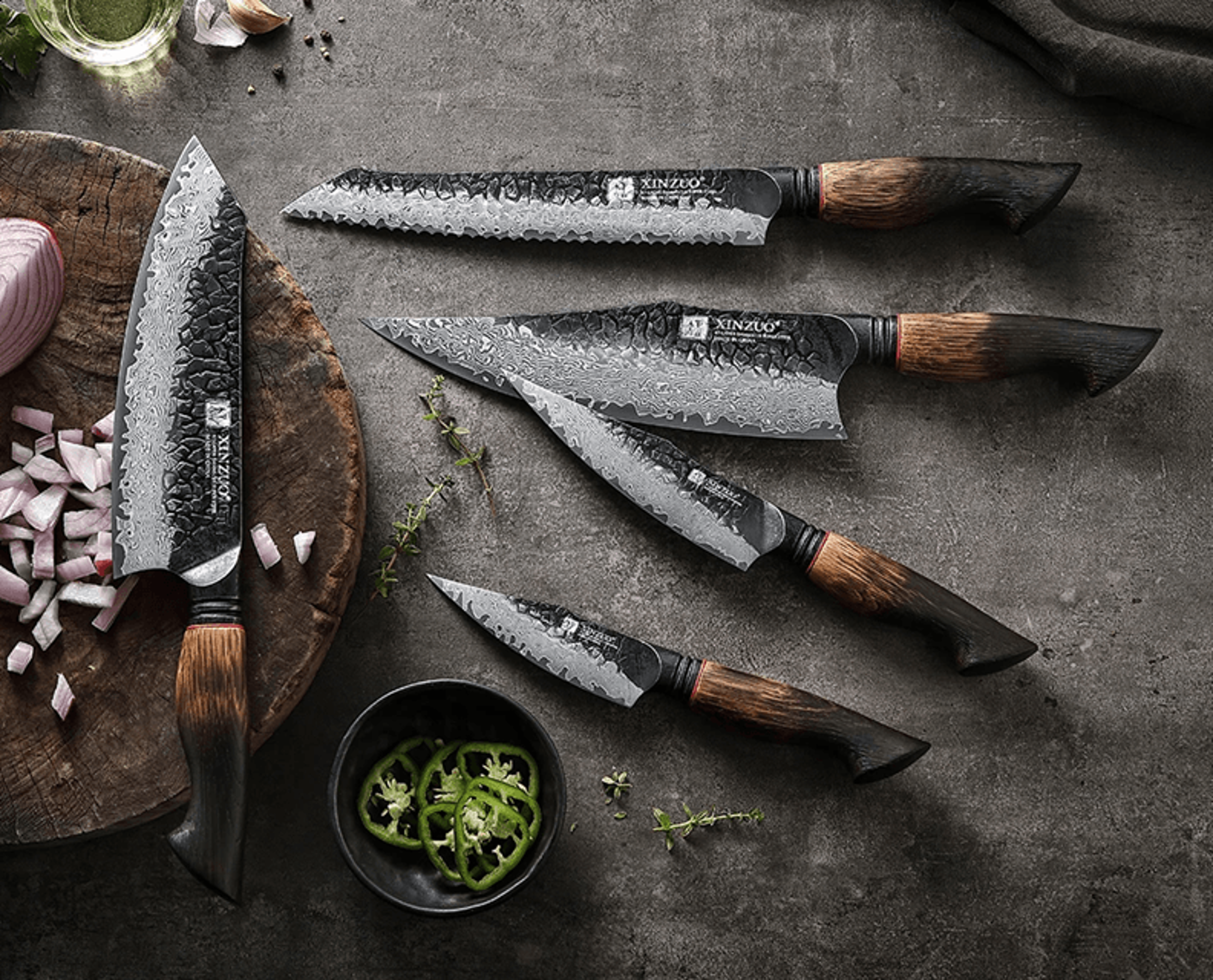 XINZUO 5 Piece Kitchen Knife Set With G10 Oak Handles Chef Santoku Bread And Paring Knives 3