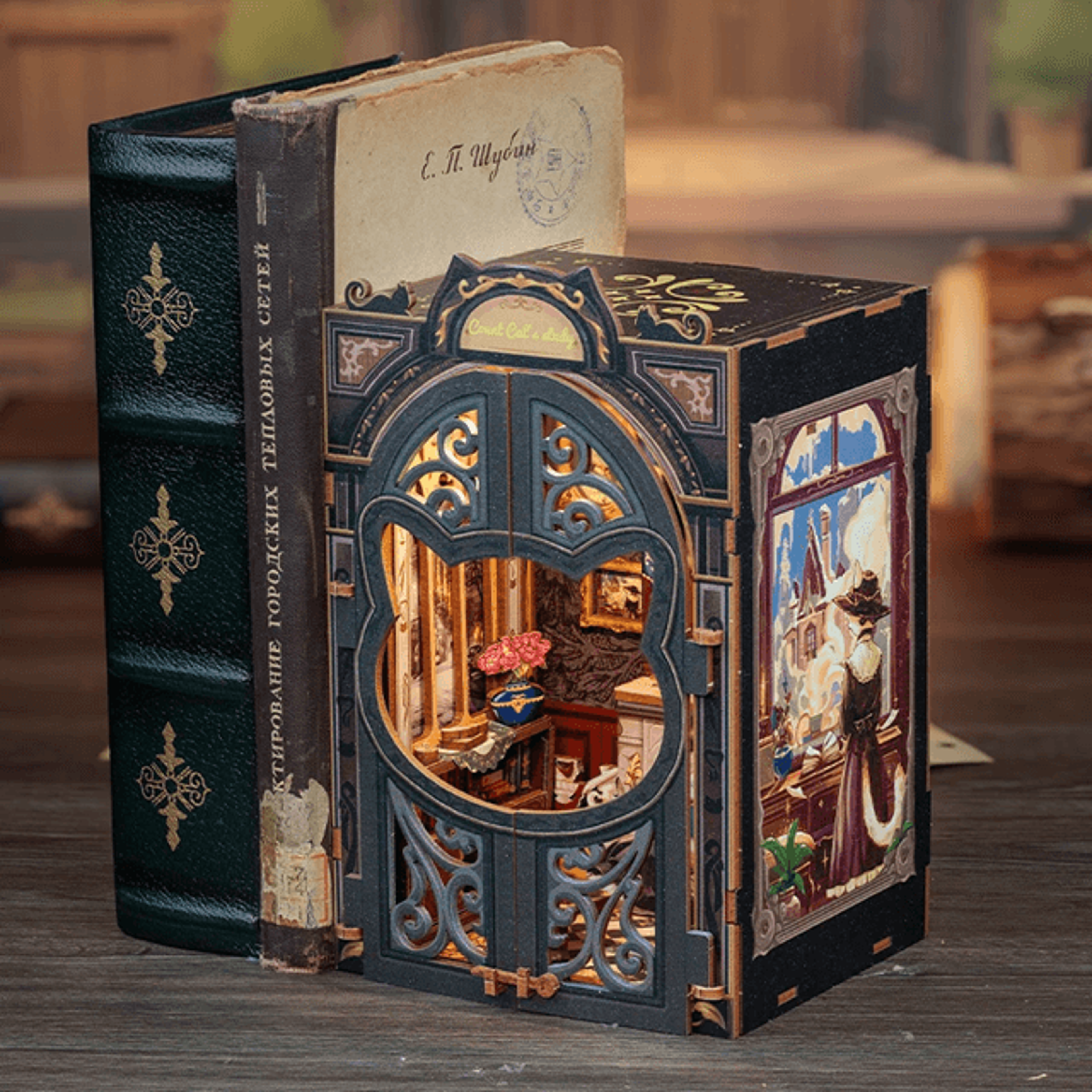 DIY Book Nook Kit Cats Study Miniature Wooden Dollhouse With LED Lights Bookshelf Insert 3