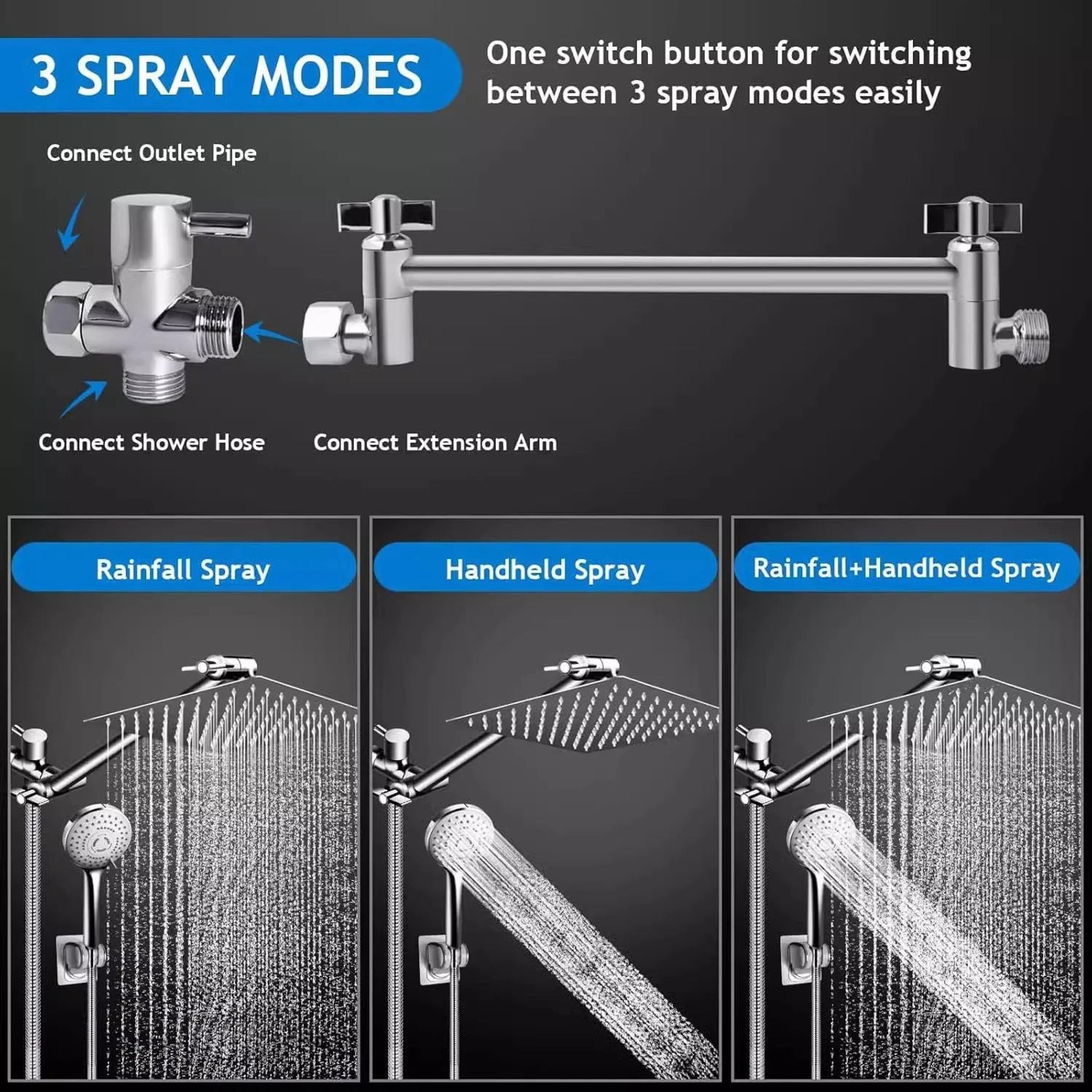 Stainless Steel Rainfall Shower Head Set With Handheld 5 Mode Adjustable 3