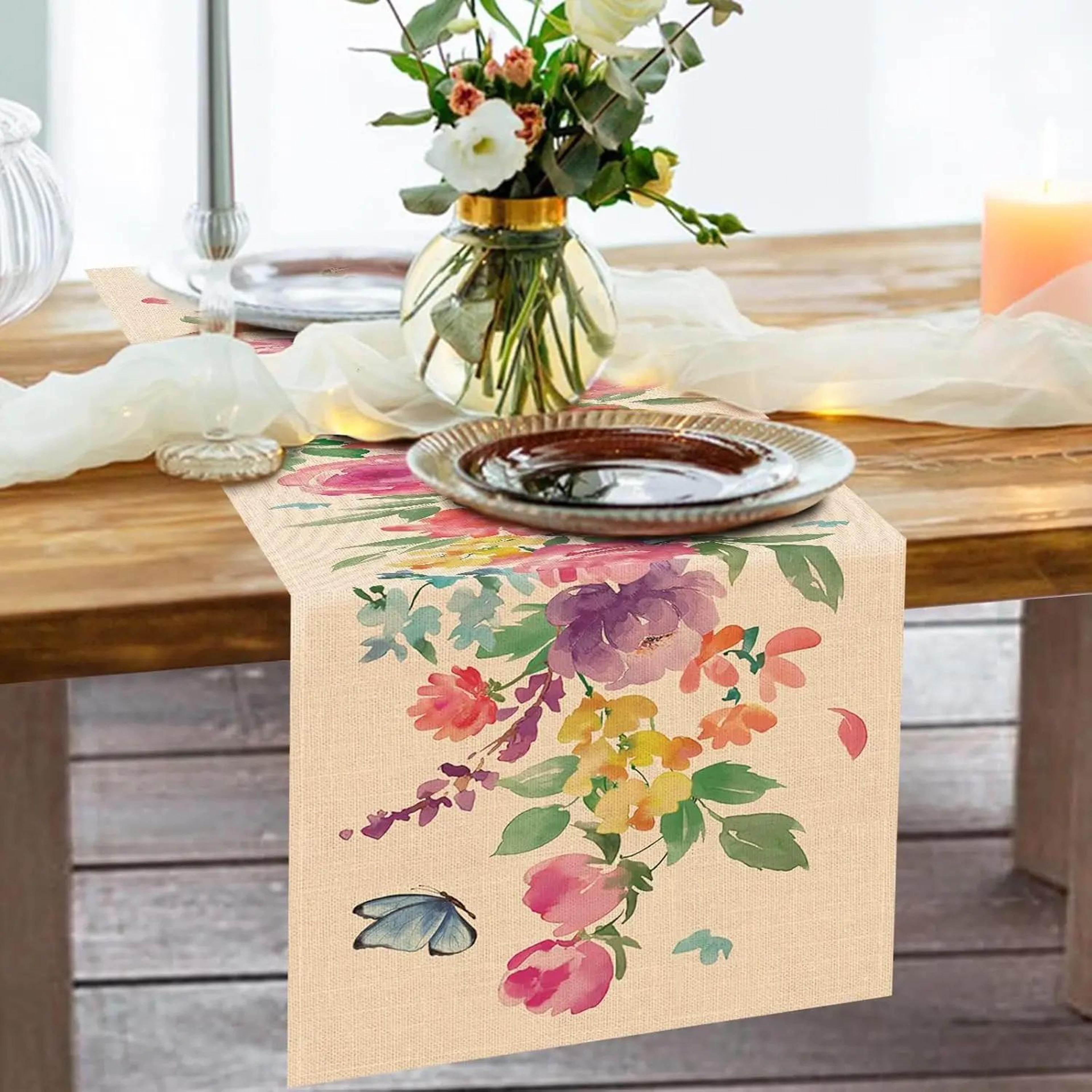 Floral Linen Table Runner With Butterfly Design For Elegant Dining Decor 1