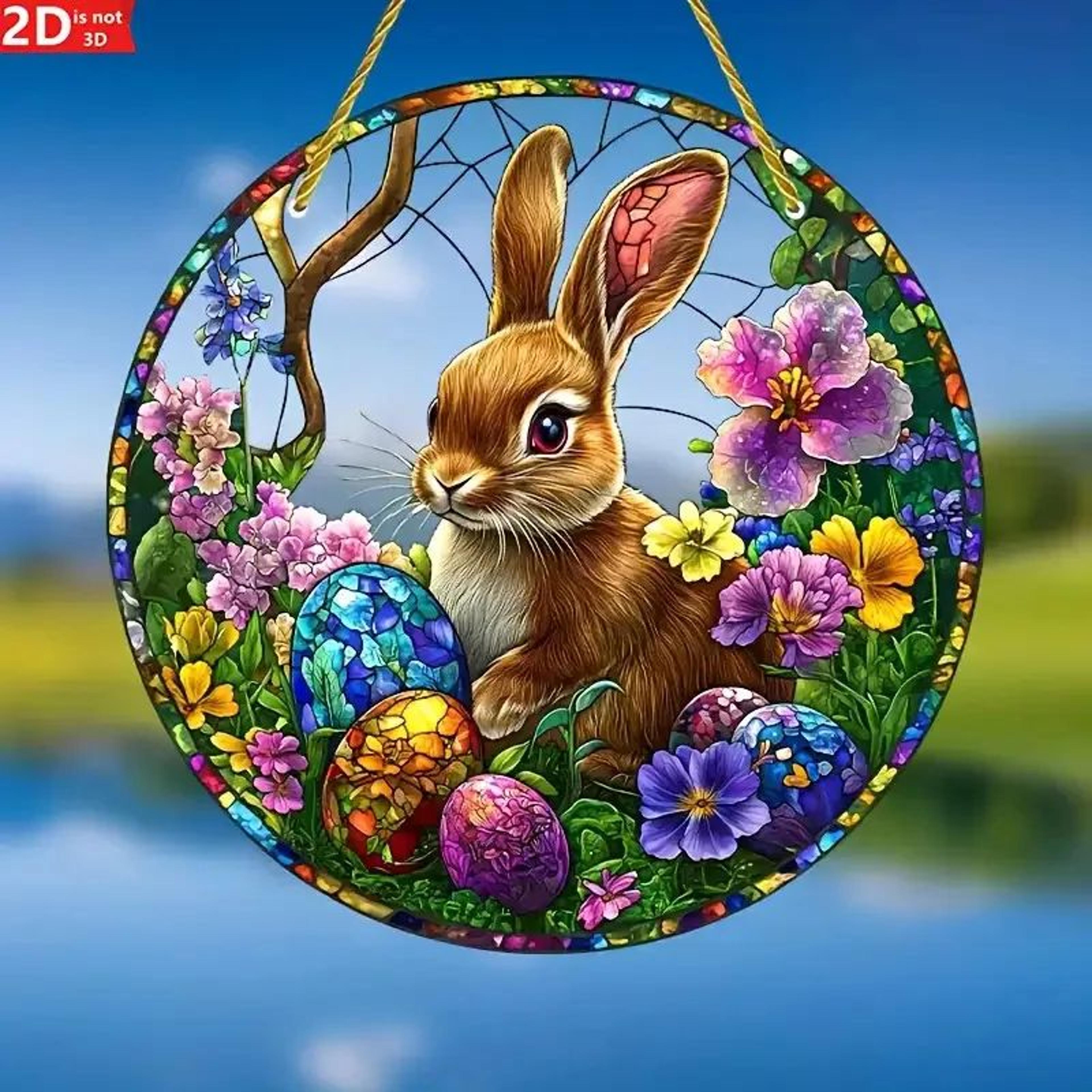 Easter Bunny Acrylic Window Hanging Decor With Floral Egg Design 4