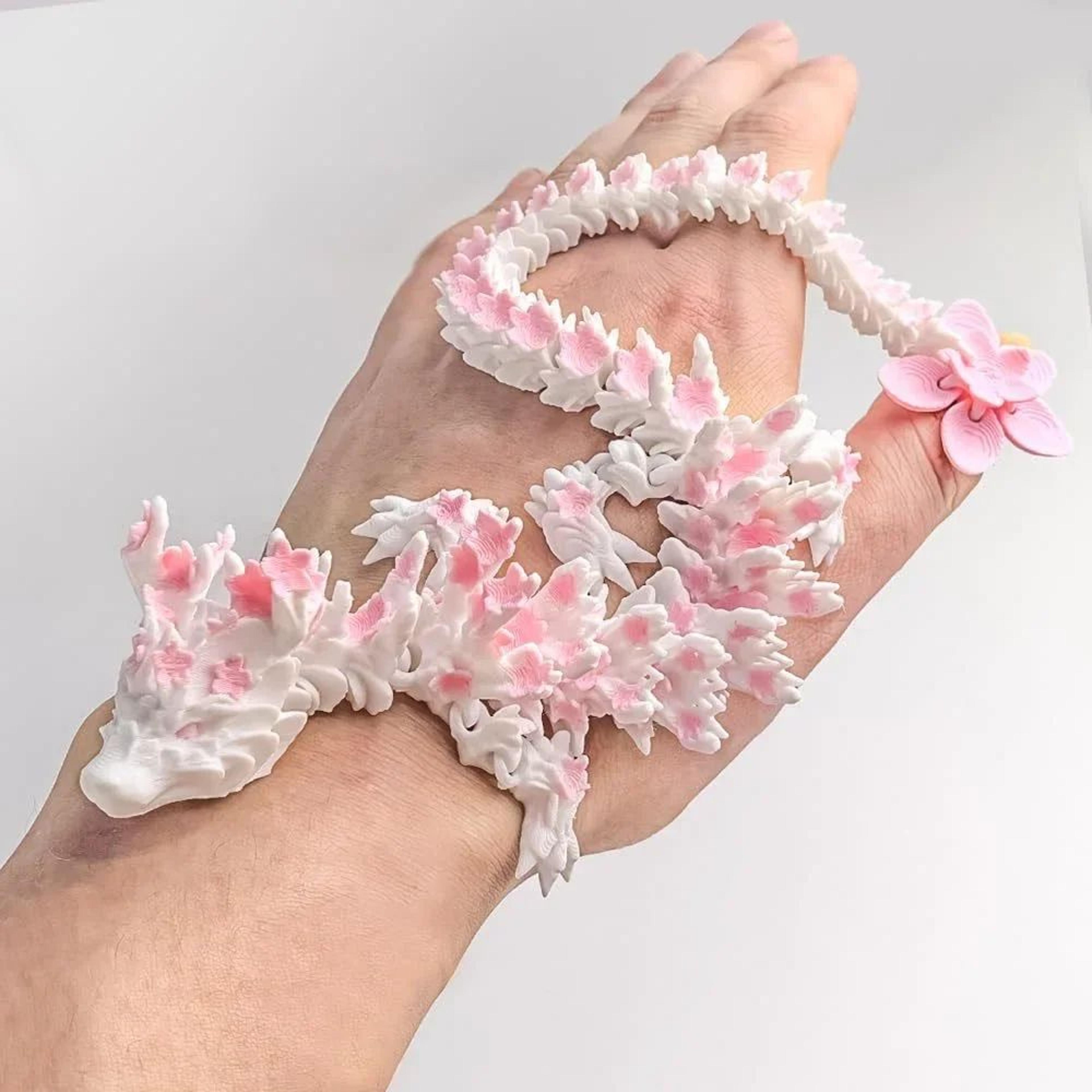 3D Printed Dragon Figurine Movable Articulated Desk Decor With Cherry Blossom Design 1