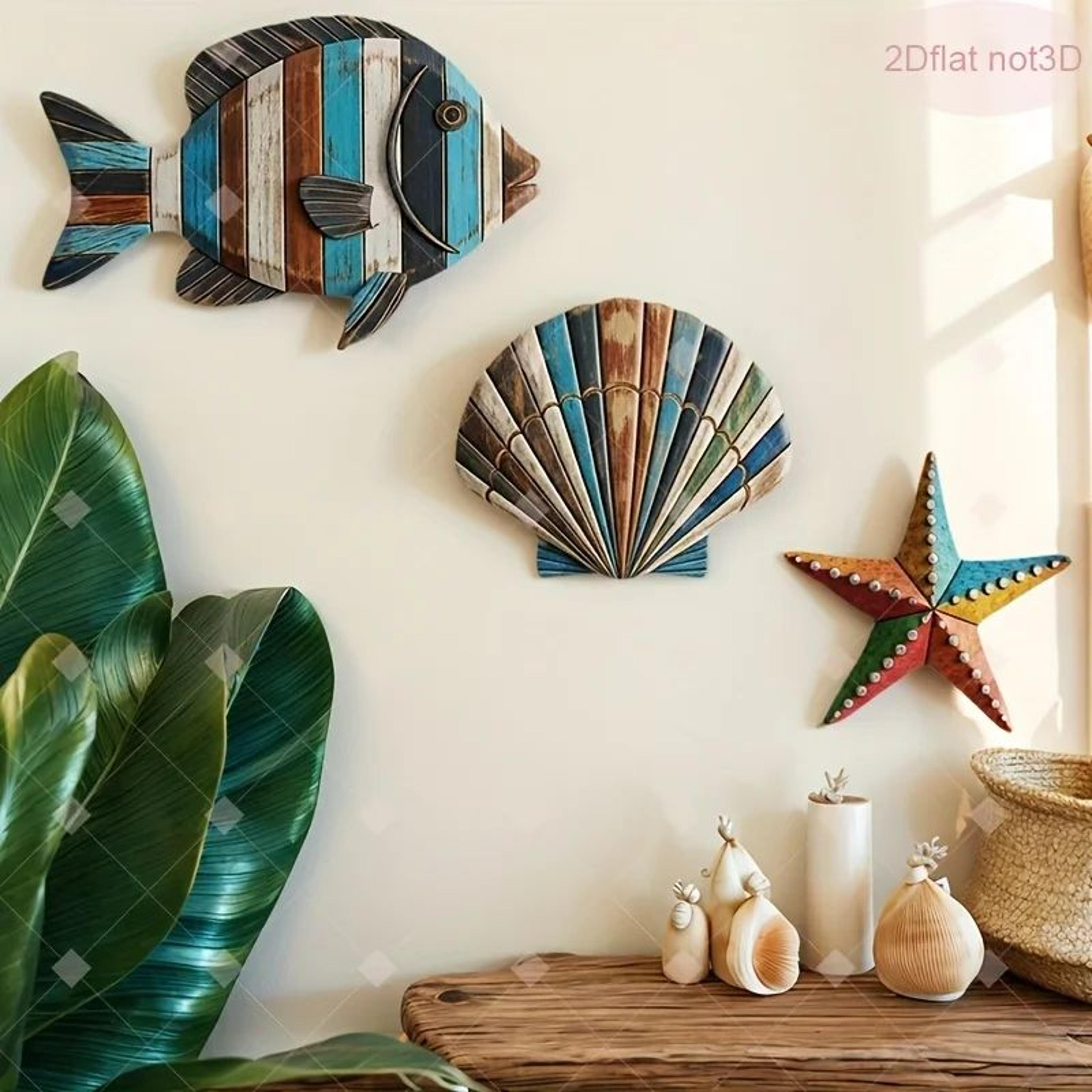 Coastal Wooden Ocean Decor Set Fish Shell Starfish Beach Theme Home Accents 1