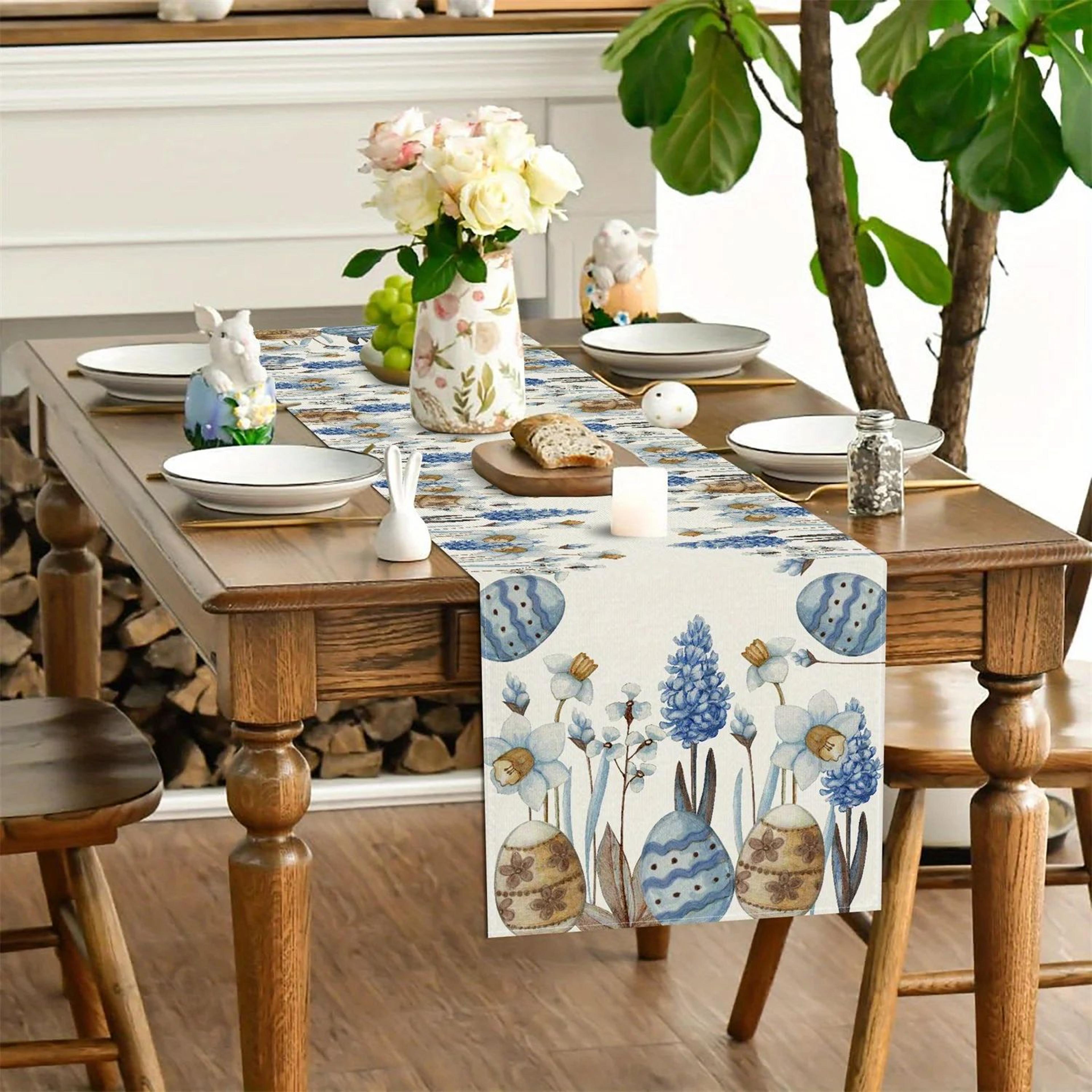 Easter Floral Table Runner Blue Eggs Linen Spring Dining Table Decor 3