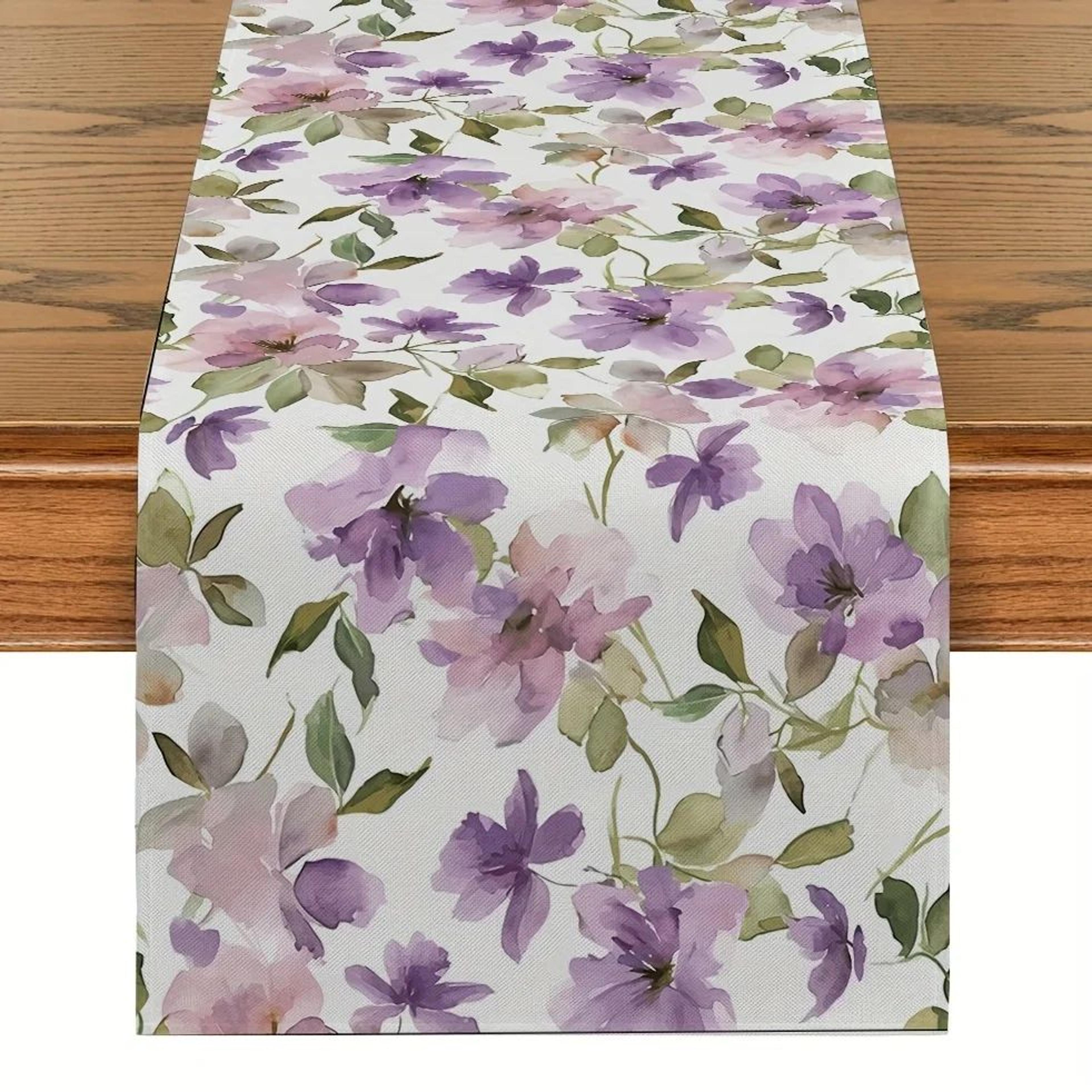 Watercolor Floral Linen Table Runner Green Plant Dining Table Decor For Elegant Home Styling 5