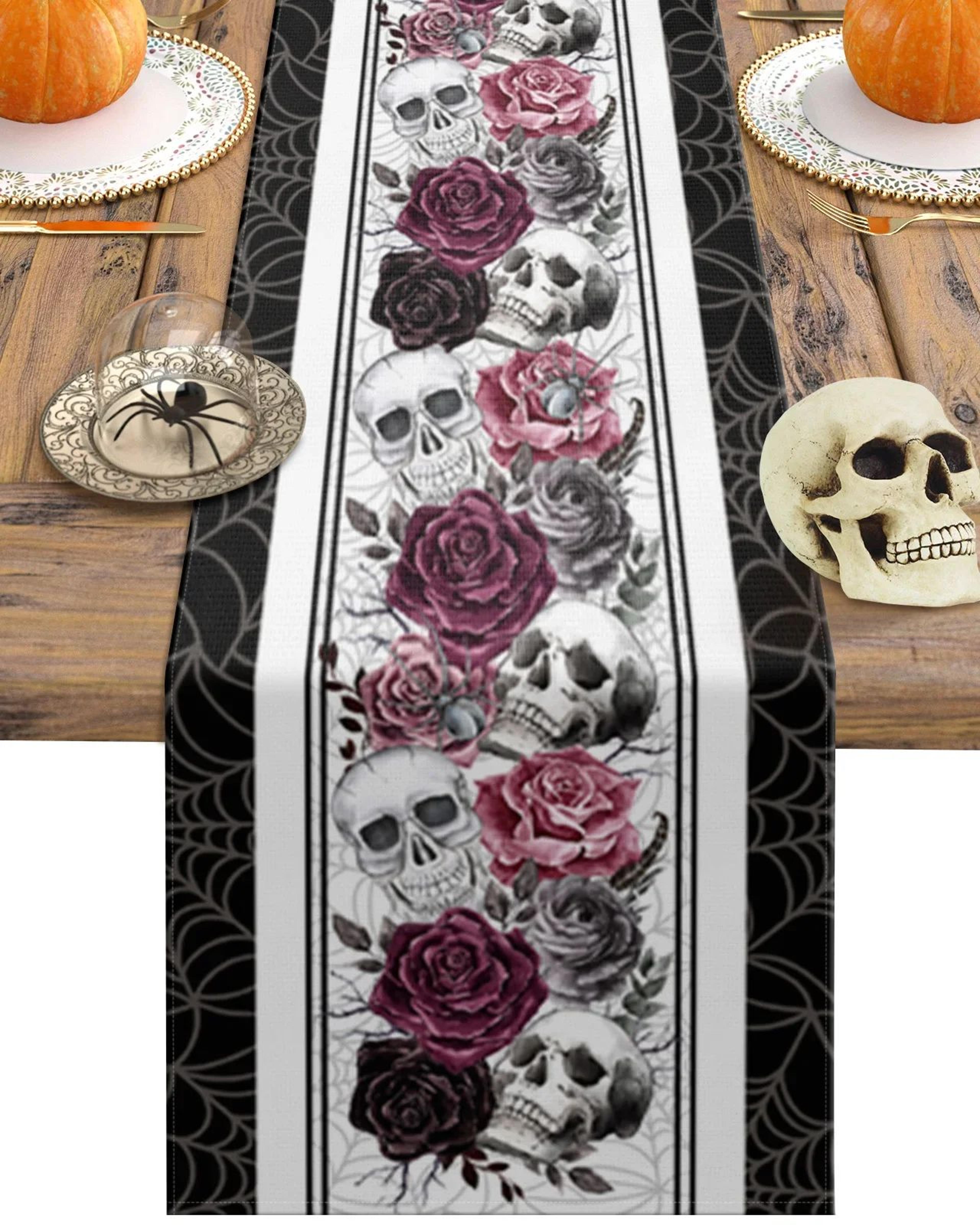 Halloween Skull Rose Linen Table Runner Gothic Crow Dining Table Decor 0