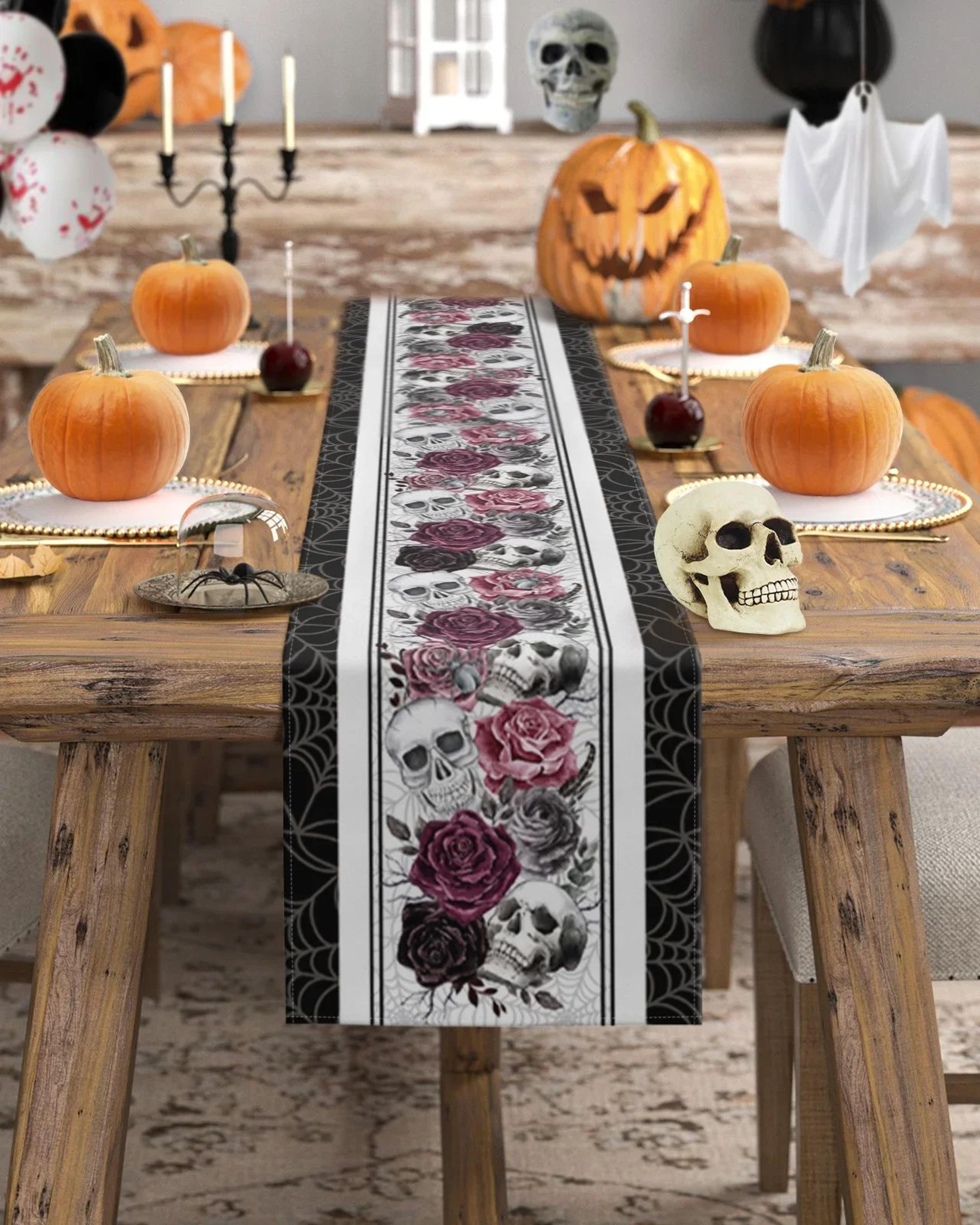Halloween Skull Rose Linen Table Runner Gothic Crow Dining Table Decor 2