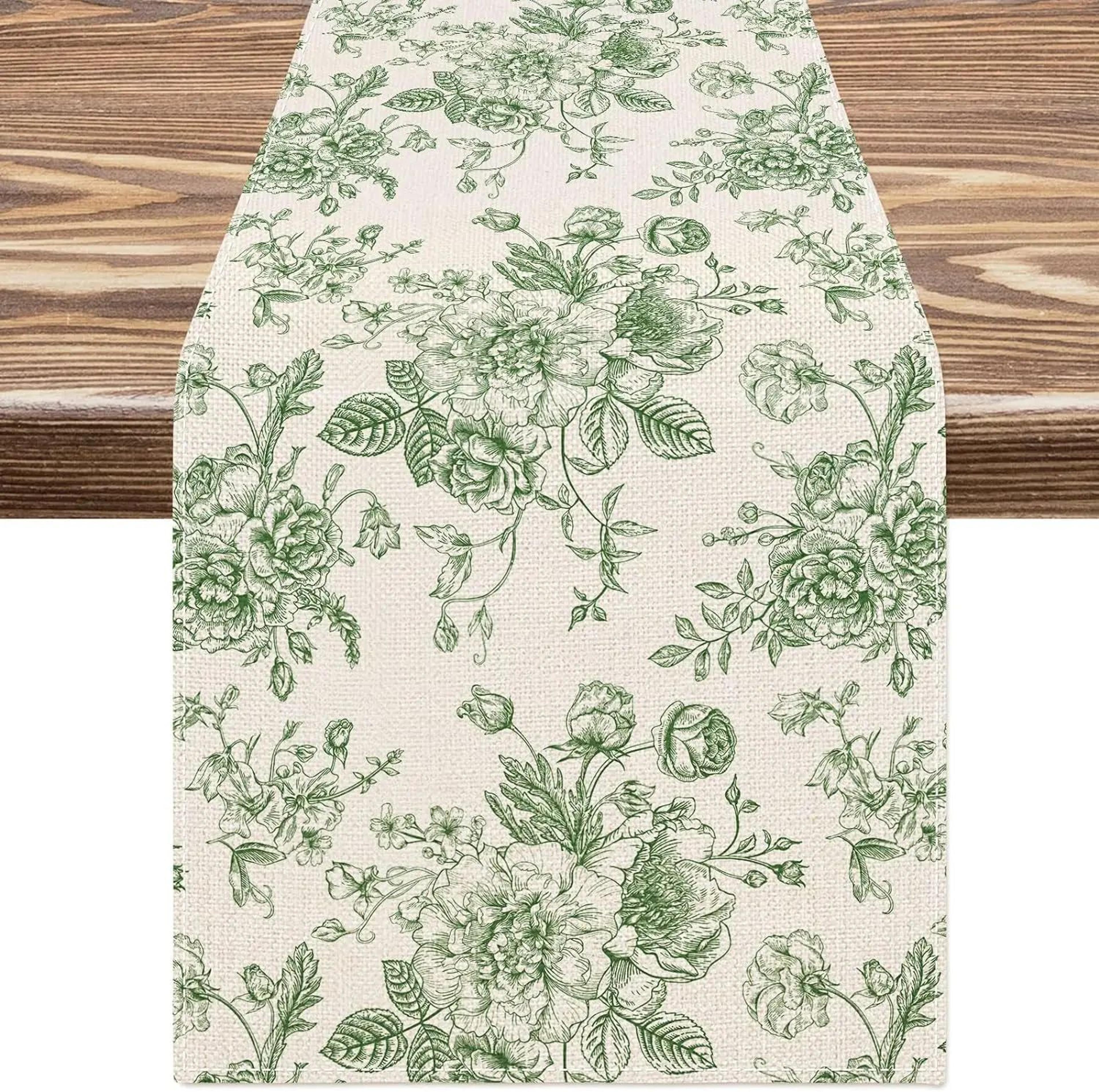 Elegant Blue Floral Linen Table Runner Chinoiserie Dining Decor 5