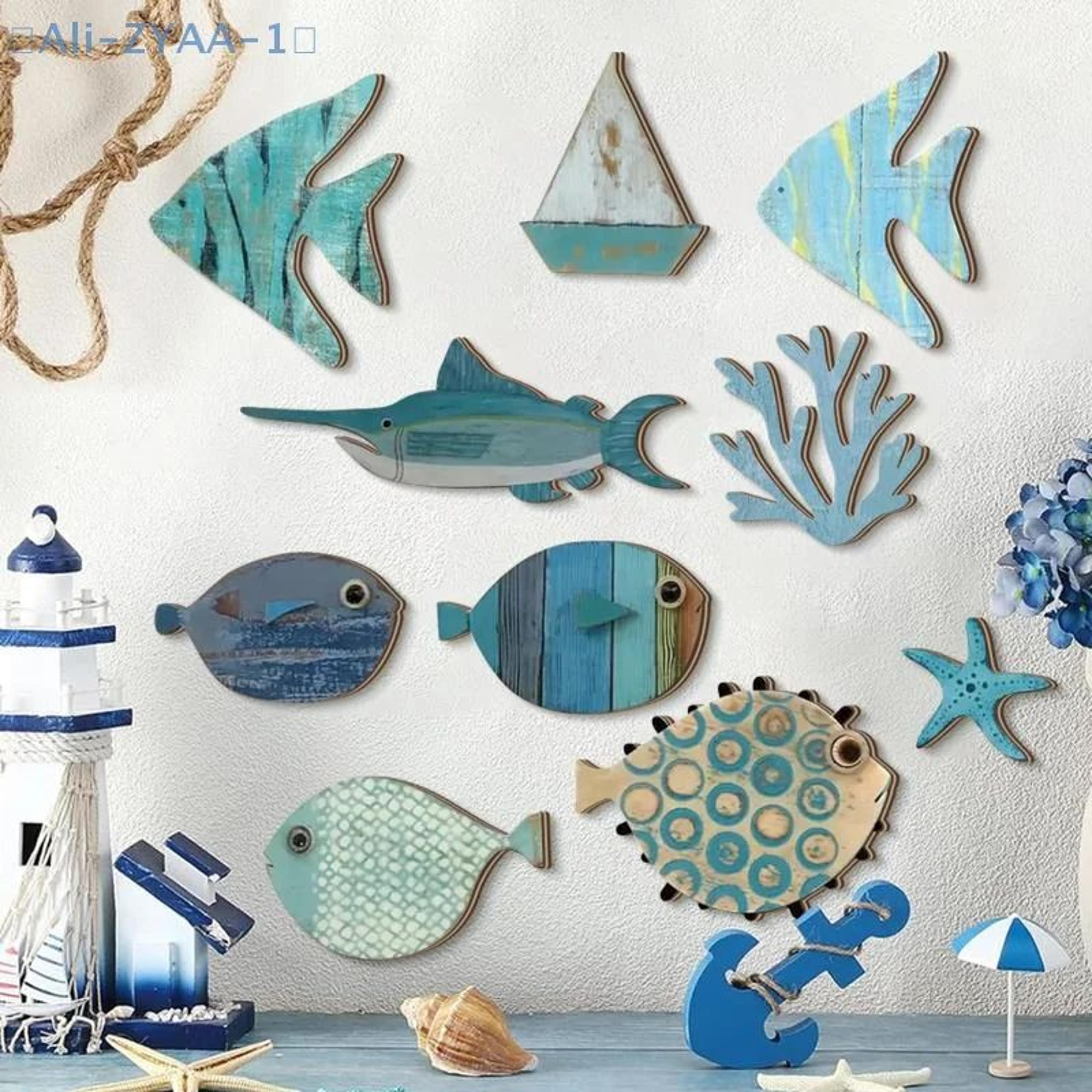 wooden fish wall decor coastal beach bathroom nautical wall art set