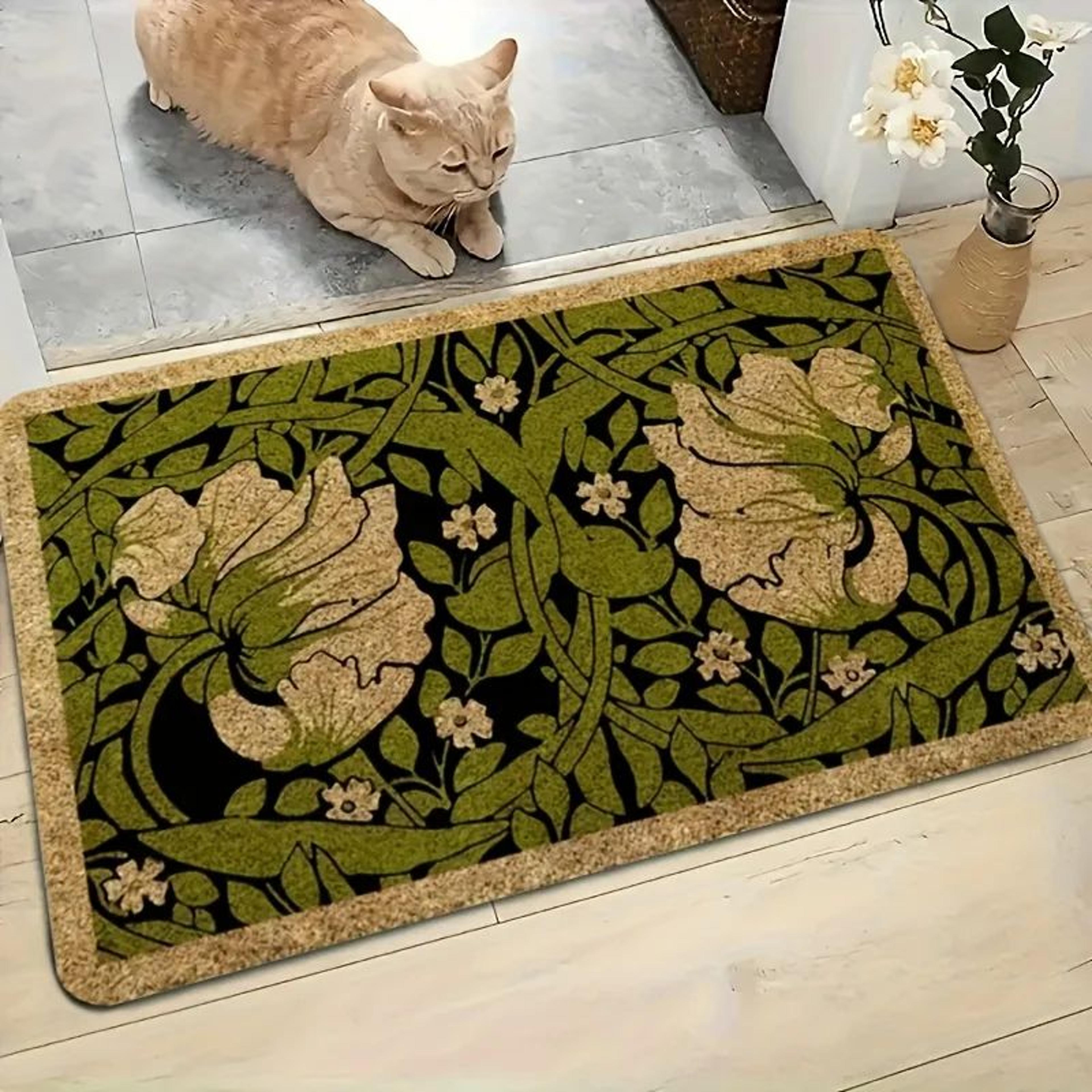 Green Floral Welcome Doormat Washable Indoor Entryway Rug 6