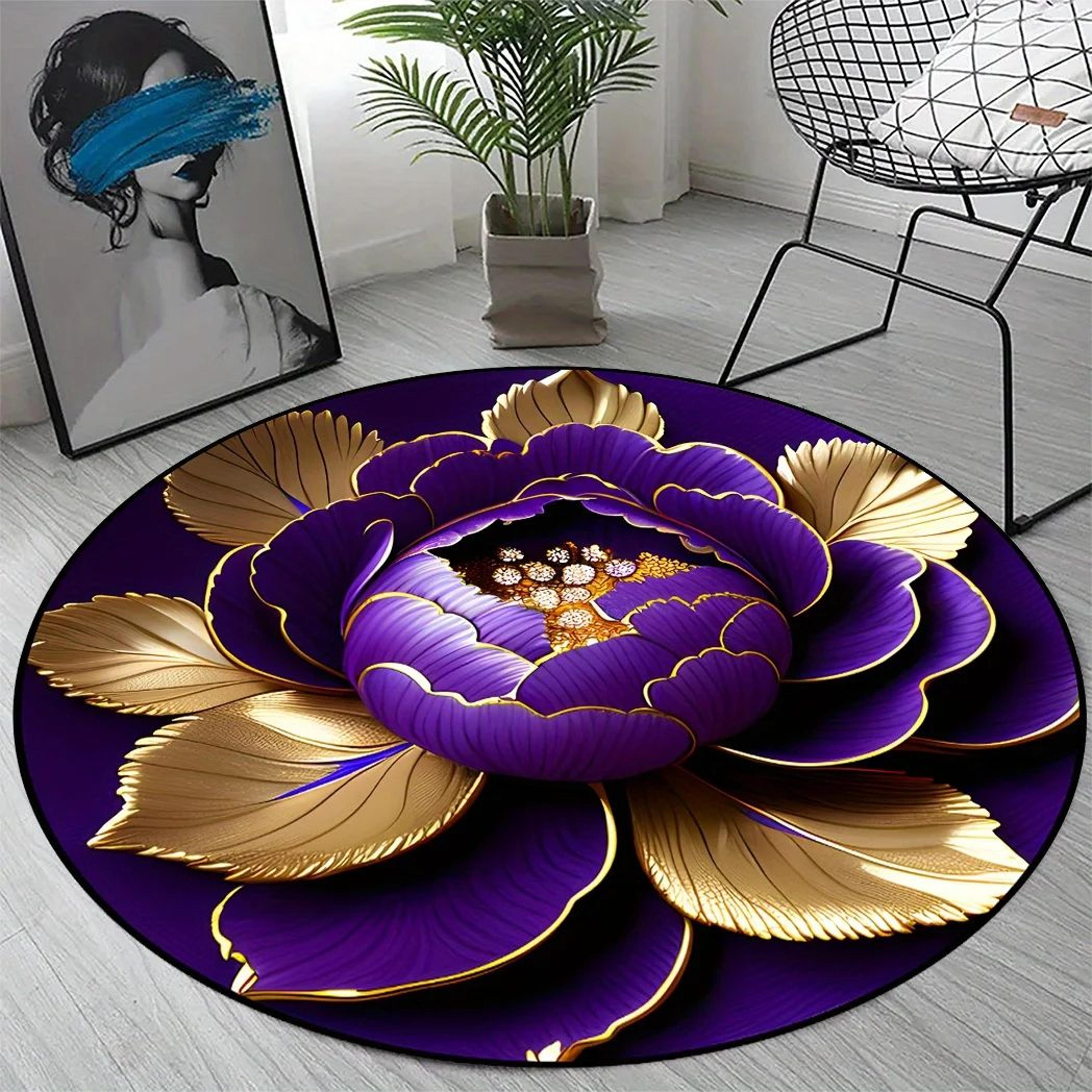 Purple Gold Peony Round Area Rug Washable Floral Floor Mat 3