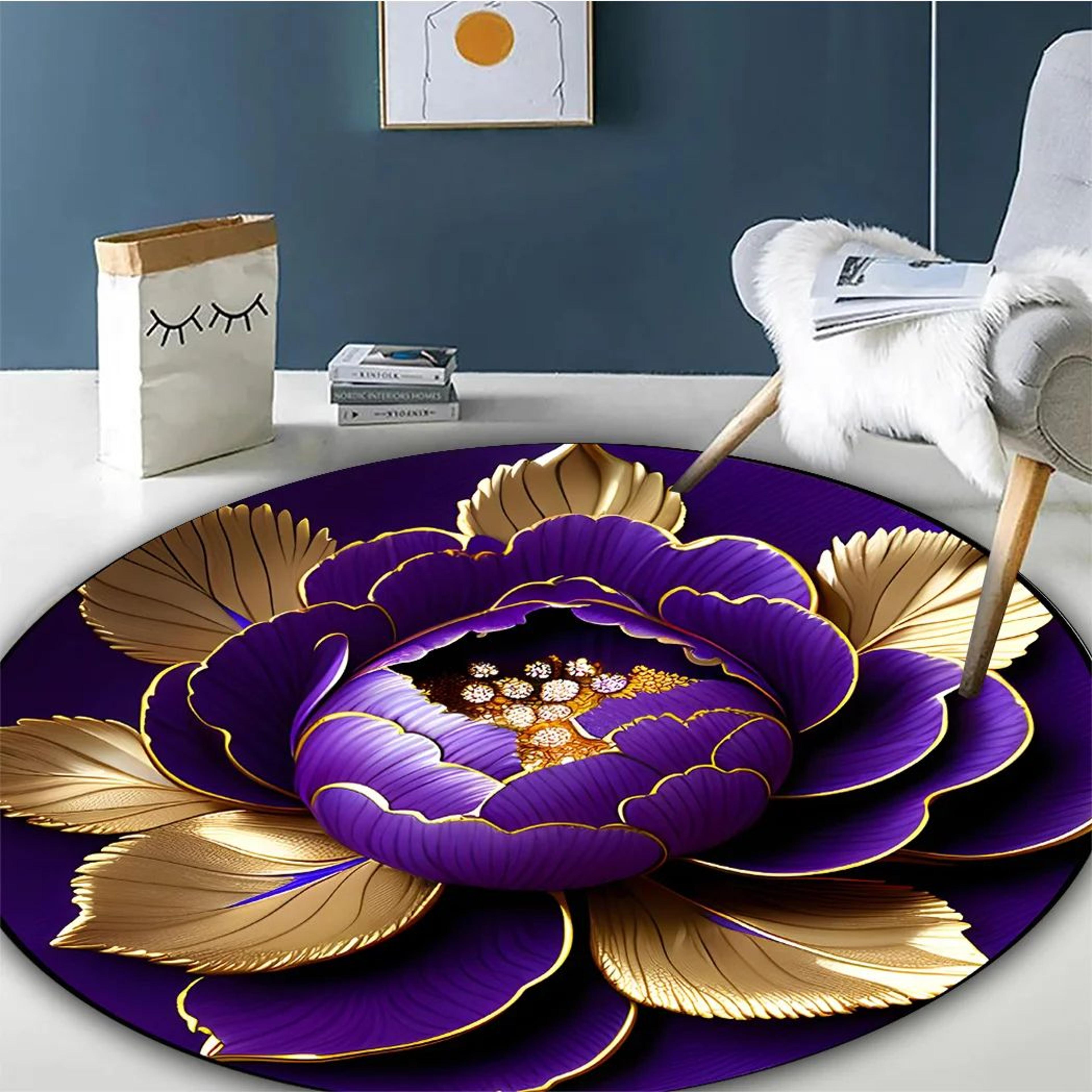 Purple Gold Peony Round Area Rug Washable Floral Floor Mat 5