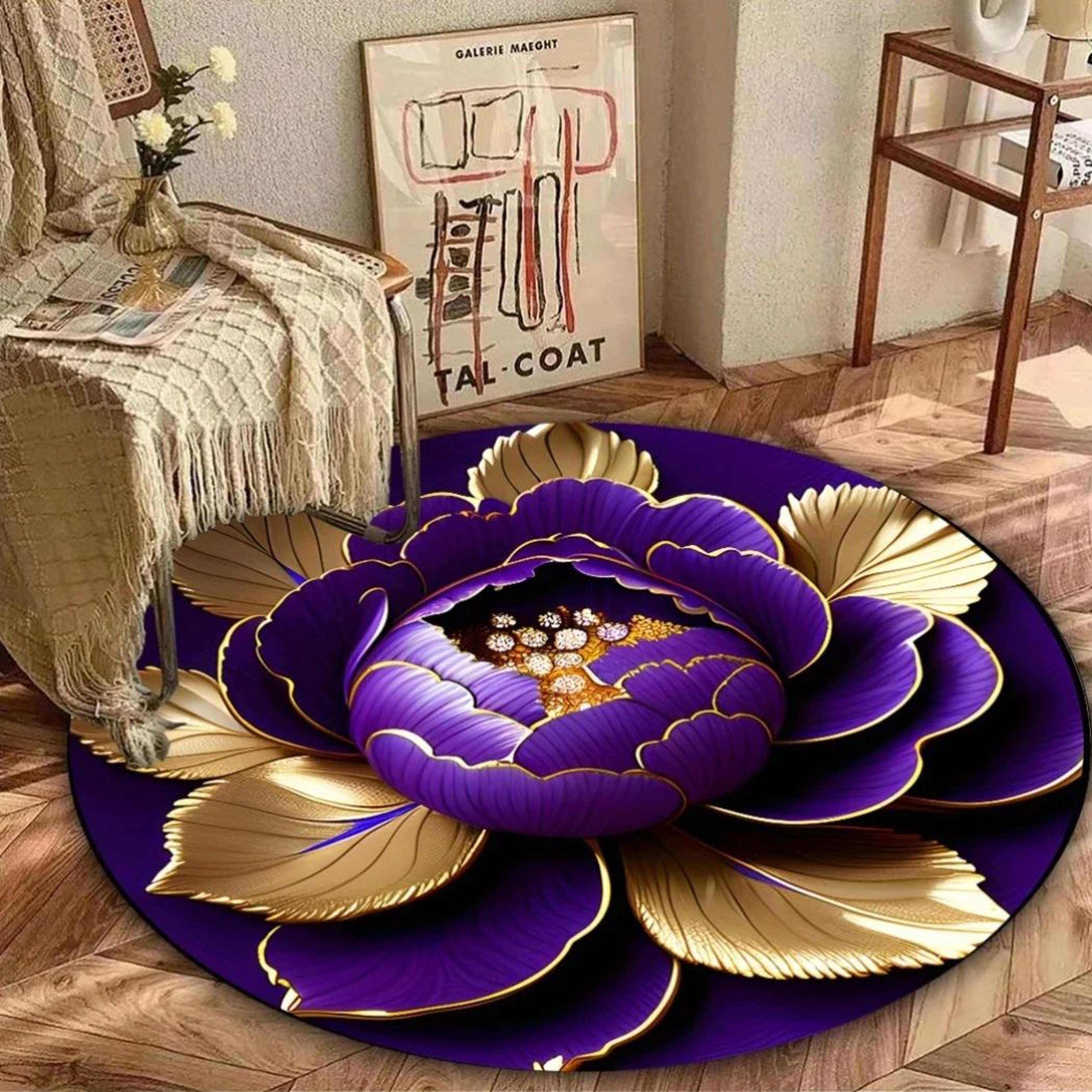 Purple Gold Peony Round Area Rug Washable Floral Floor Mat 6