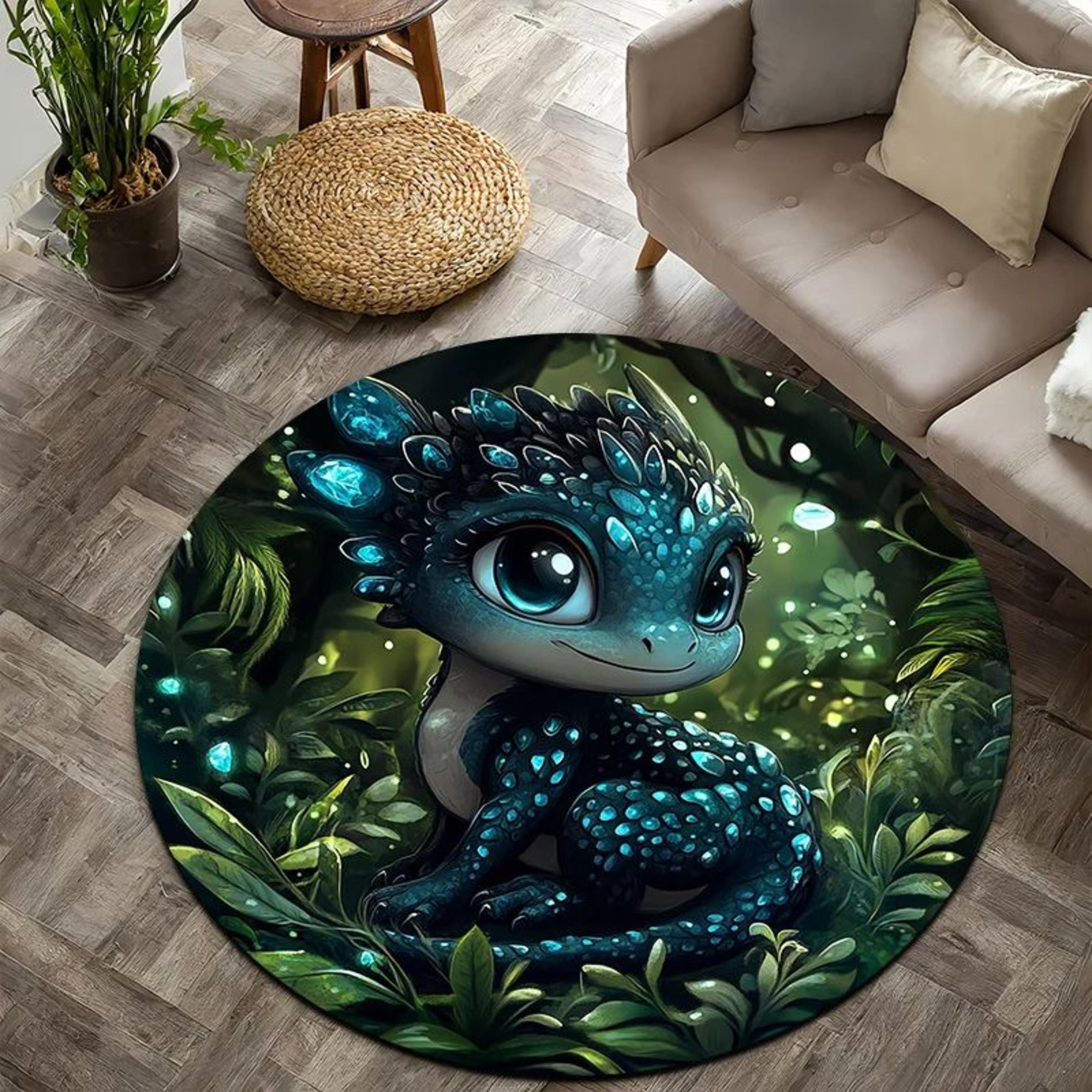 Cartoon Dragon Round Rug For Kids Bedroom Jungle Decor 6