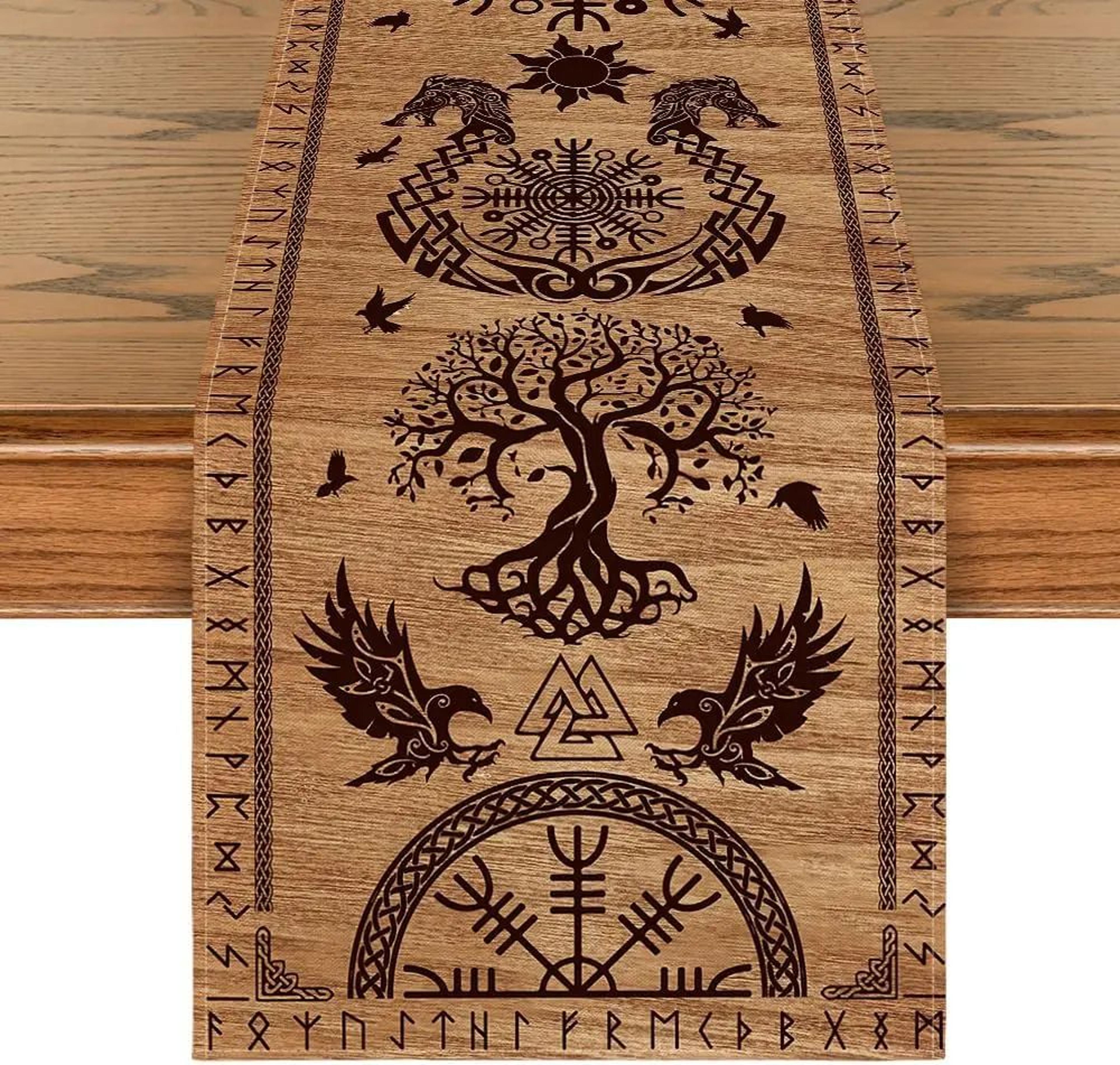 vintage viking table runner with raven and nordic symbol design