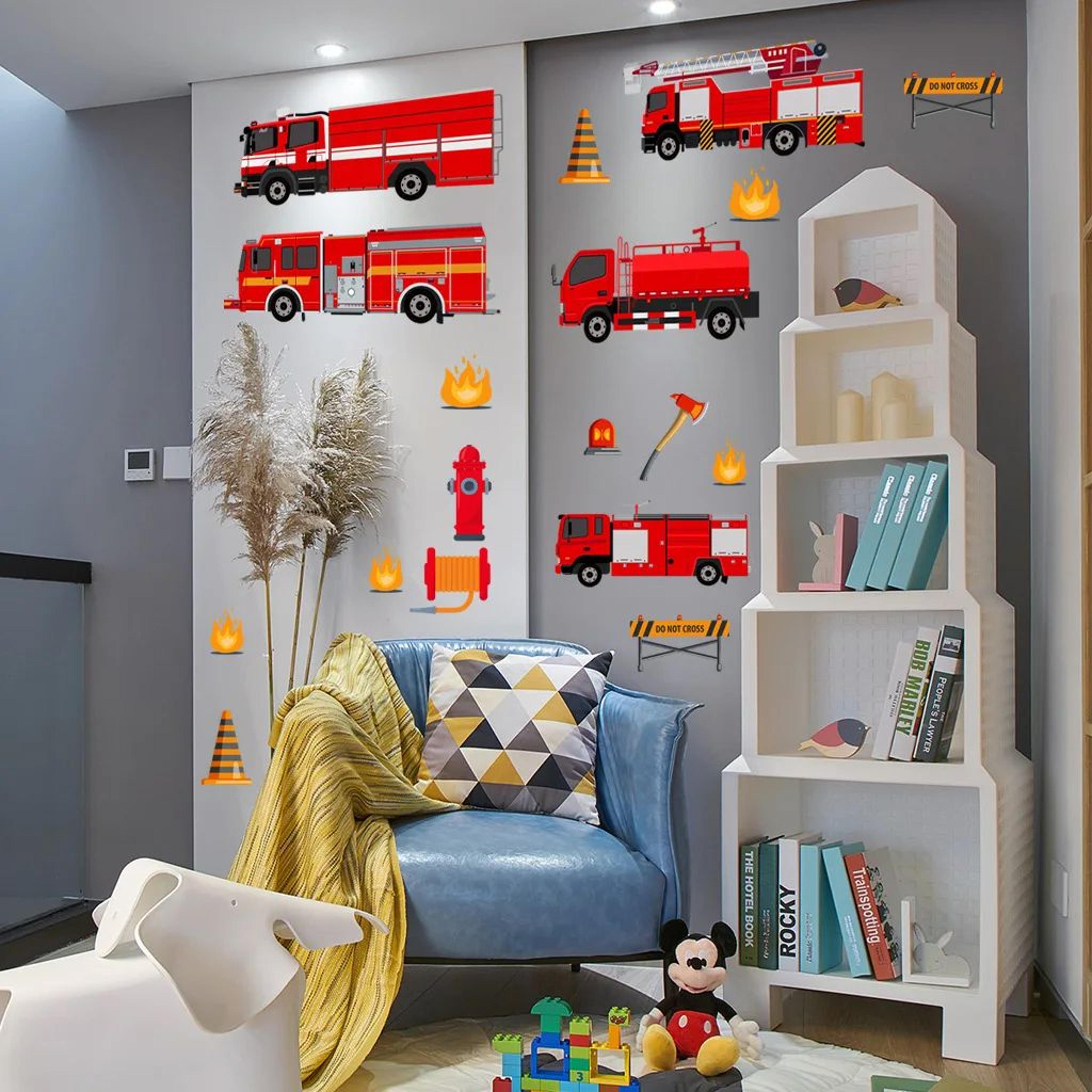Cartoon Fire Truck Wall Stickers Kids Room Decor Playroom Nursery Wall Decals 1