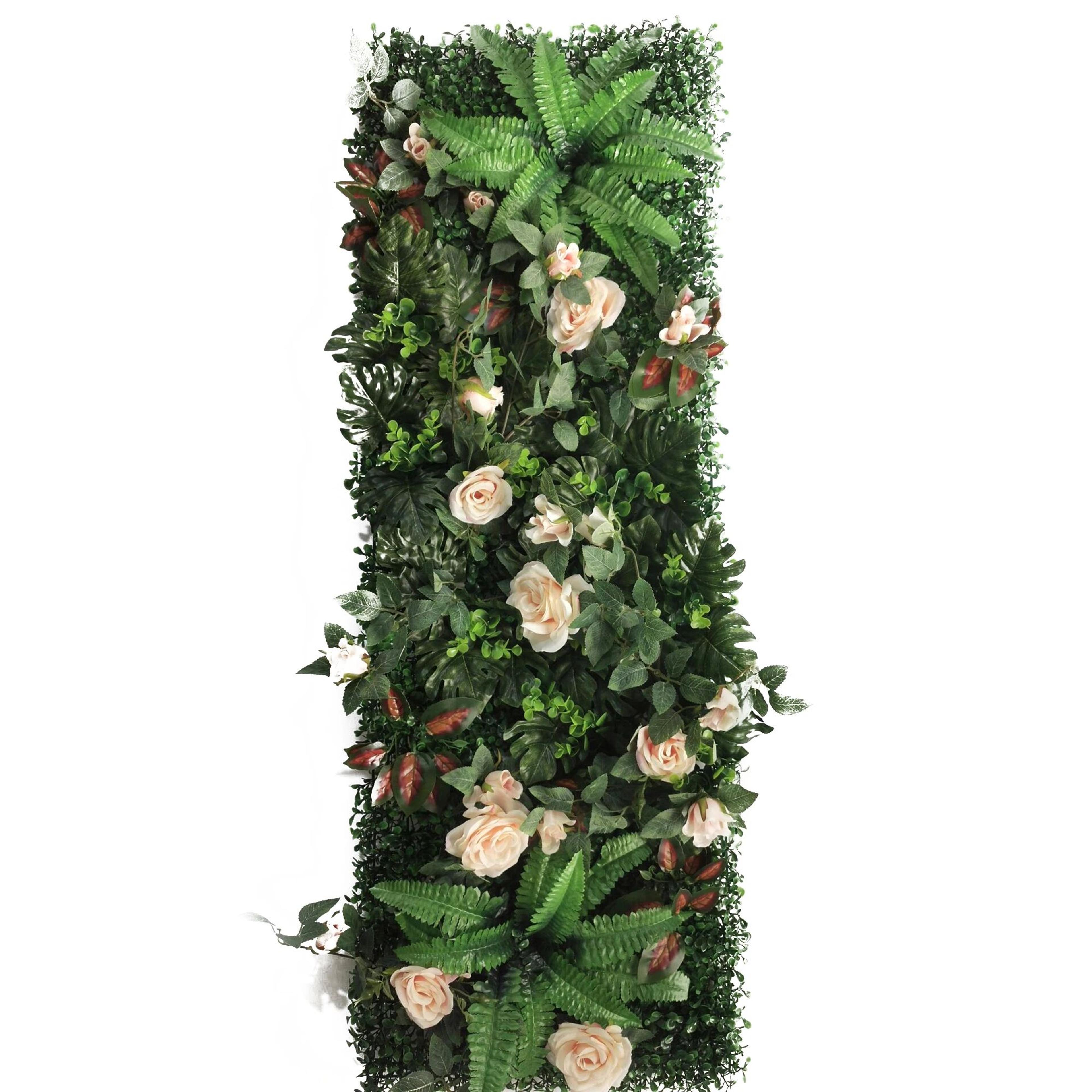 Artificial Grass Wall Panel With Rose Decor Greenery Wall Mat 23