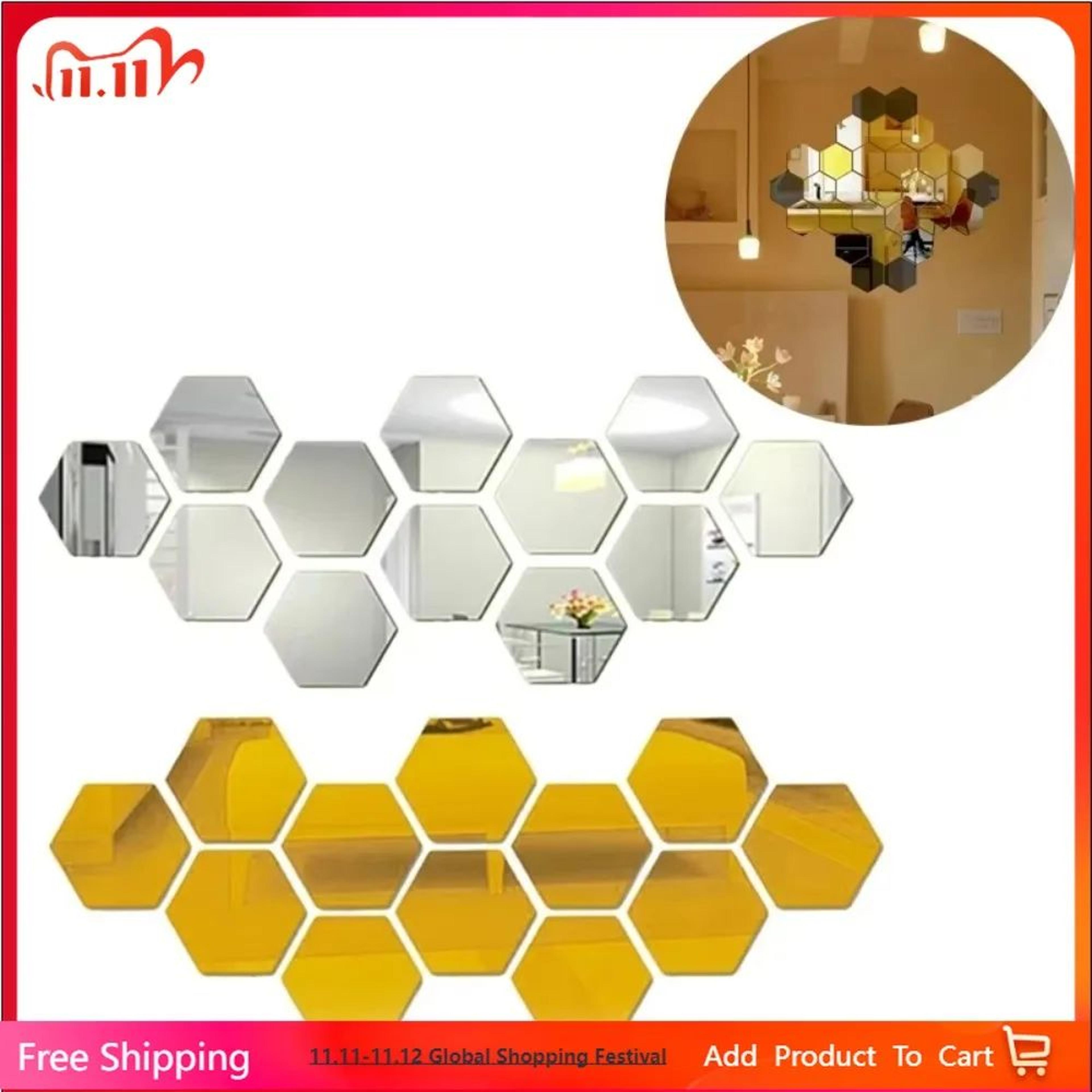 Hexagon Mirror Wall Stickers Self Adhesive Acrylic Decor Tiles 0