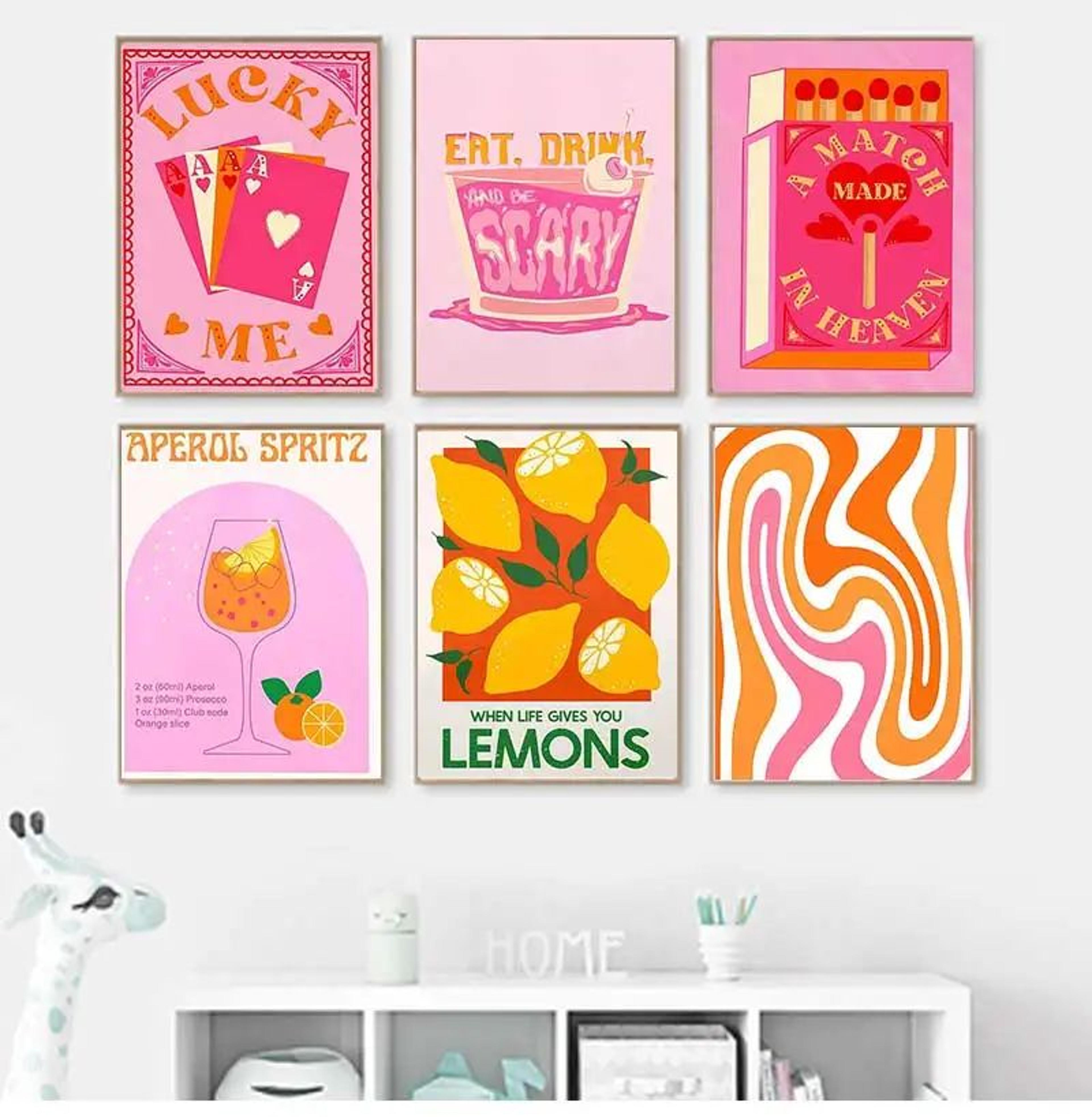 strawberry lemon cocktail wall art retro canvas kitchen bar decor