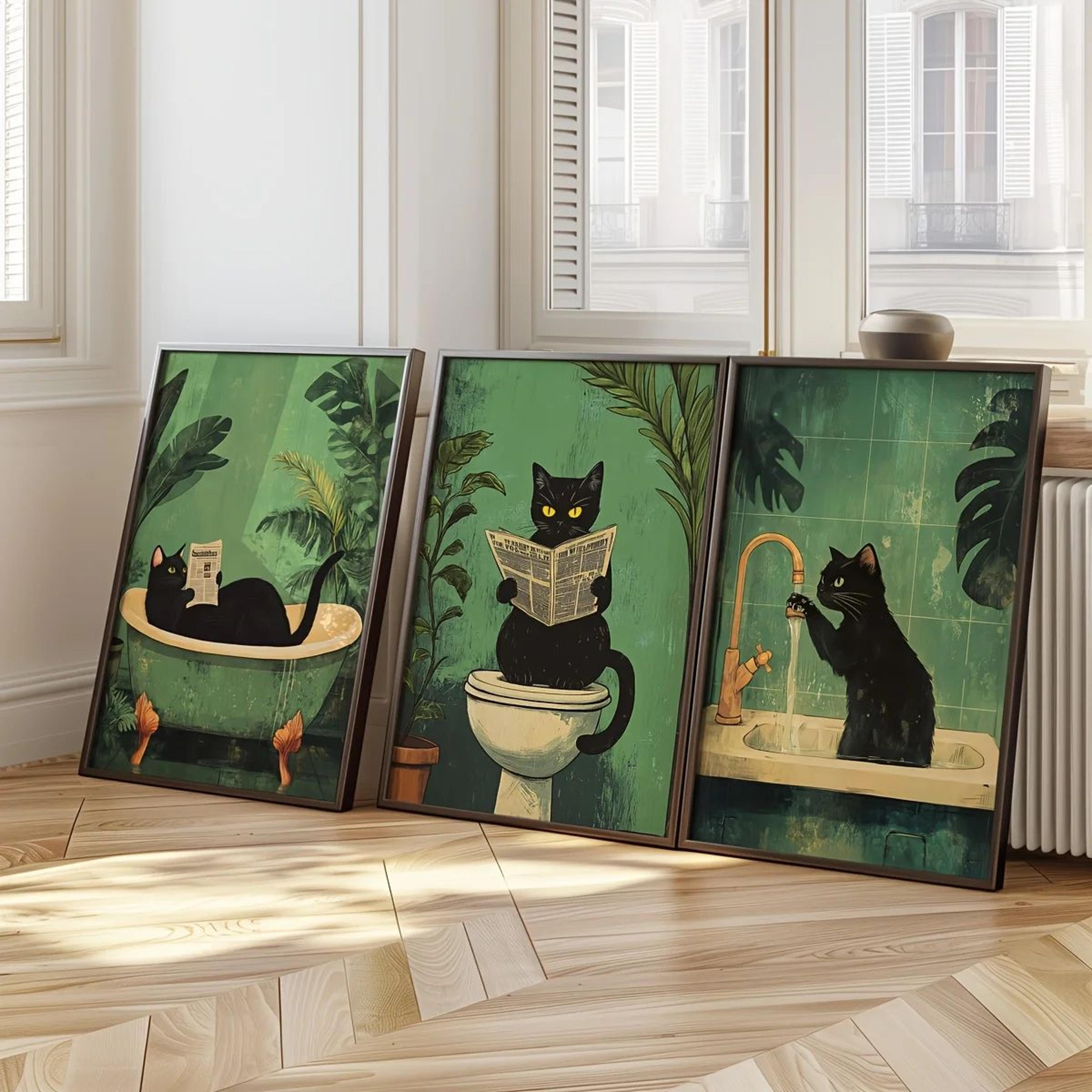 Funny Black Cat Bathroom Wall Art Set Vintage Animal Toilet Canvas Decor 6