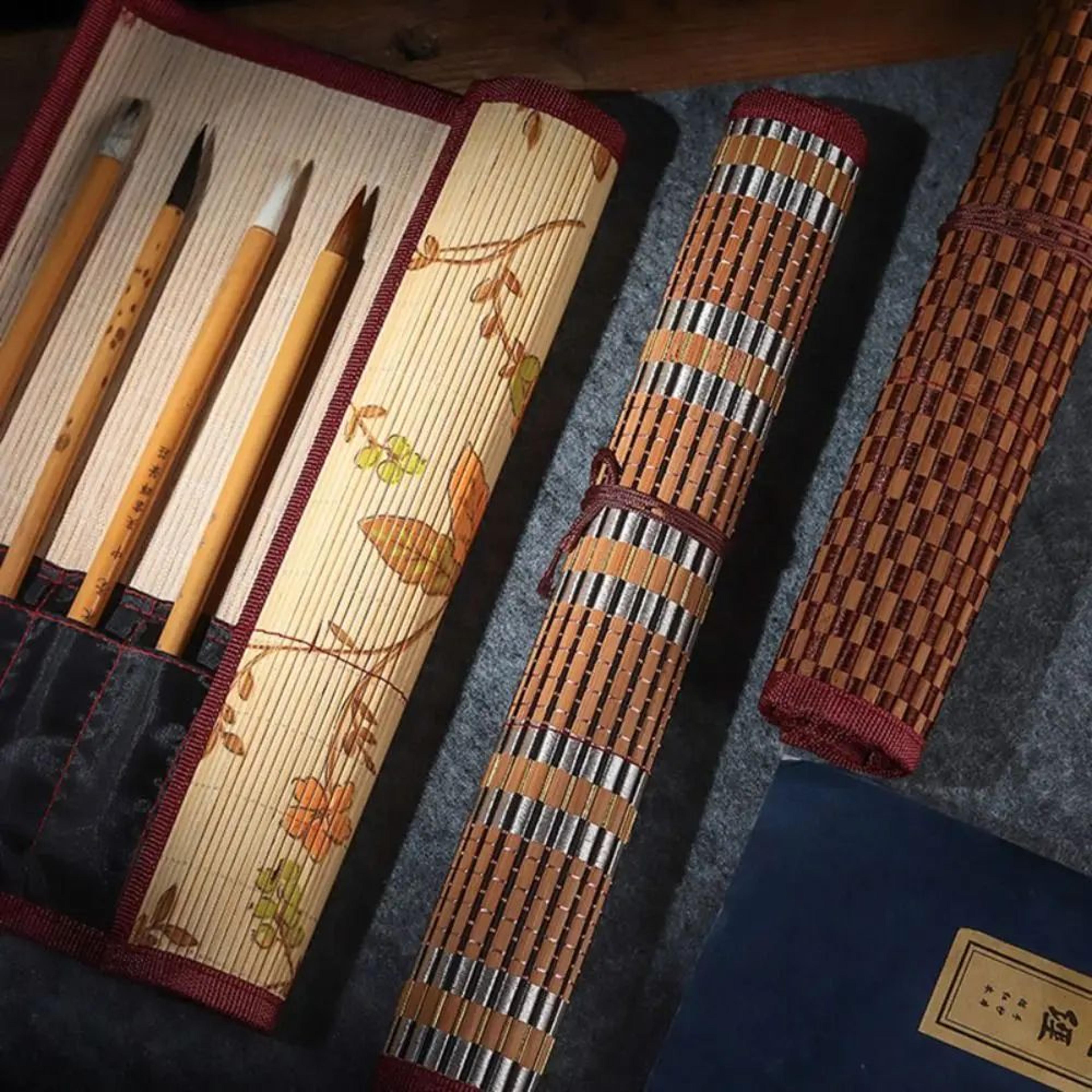 Chinese Style Bamboo Brush Holder Roll Up Case For Calligraphy Art Supplies 1