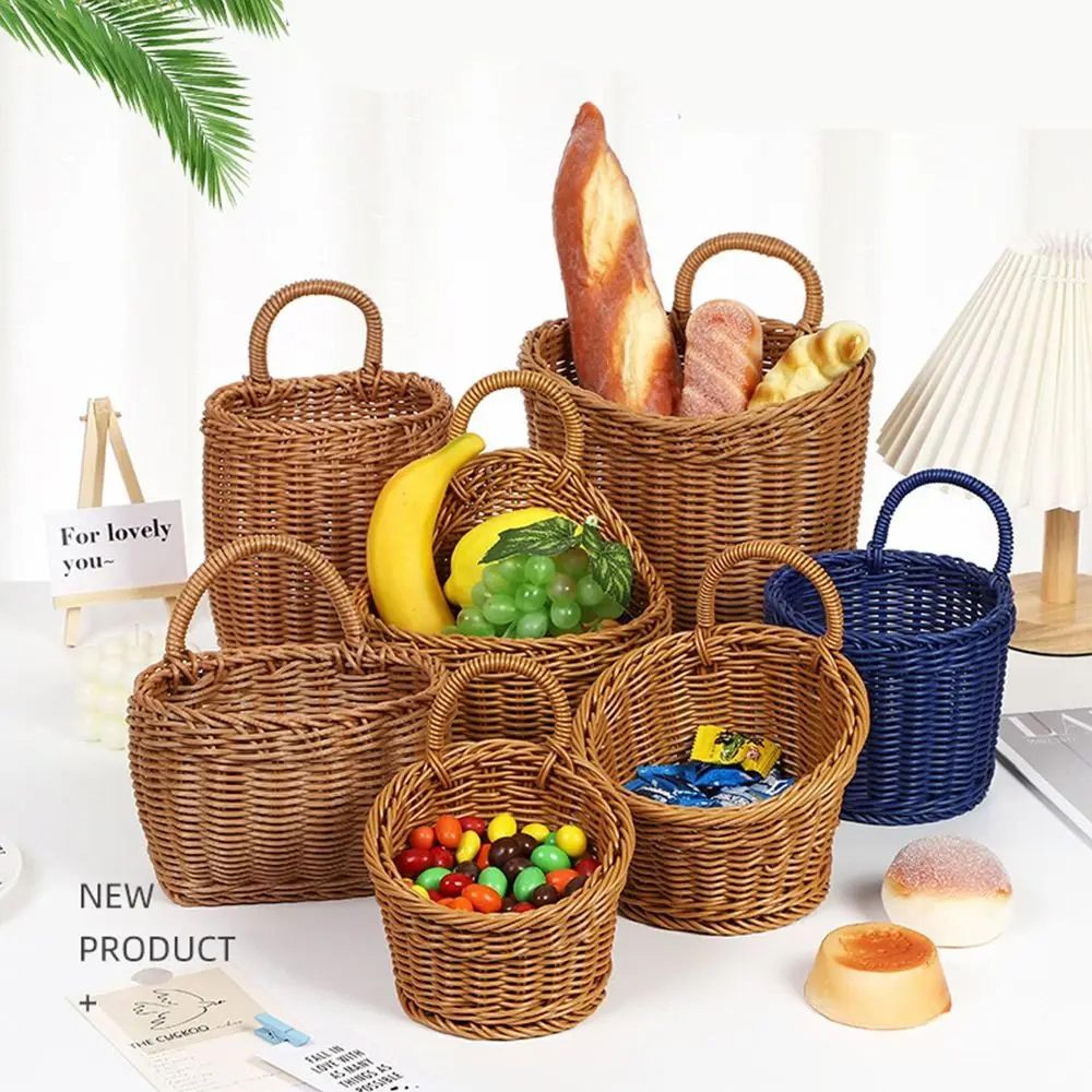 handwoven rattan style hanging storage basket