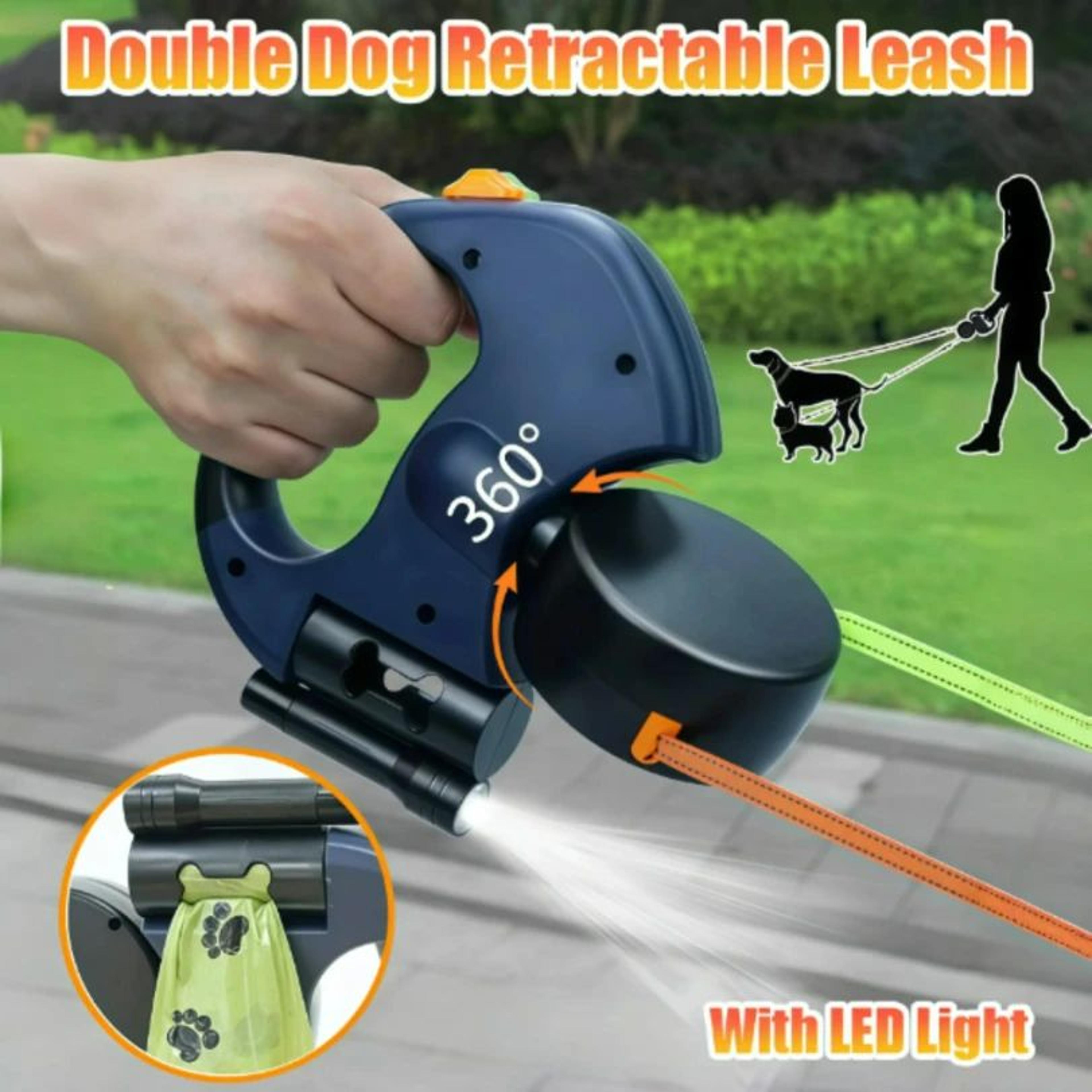 dual retractable dog leash with led light and waste bag holder