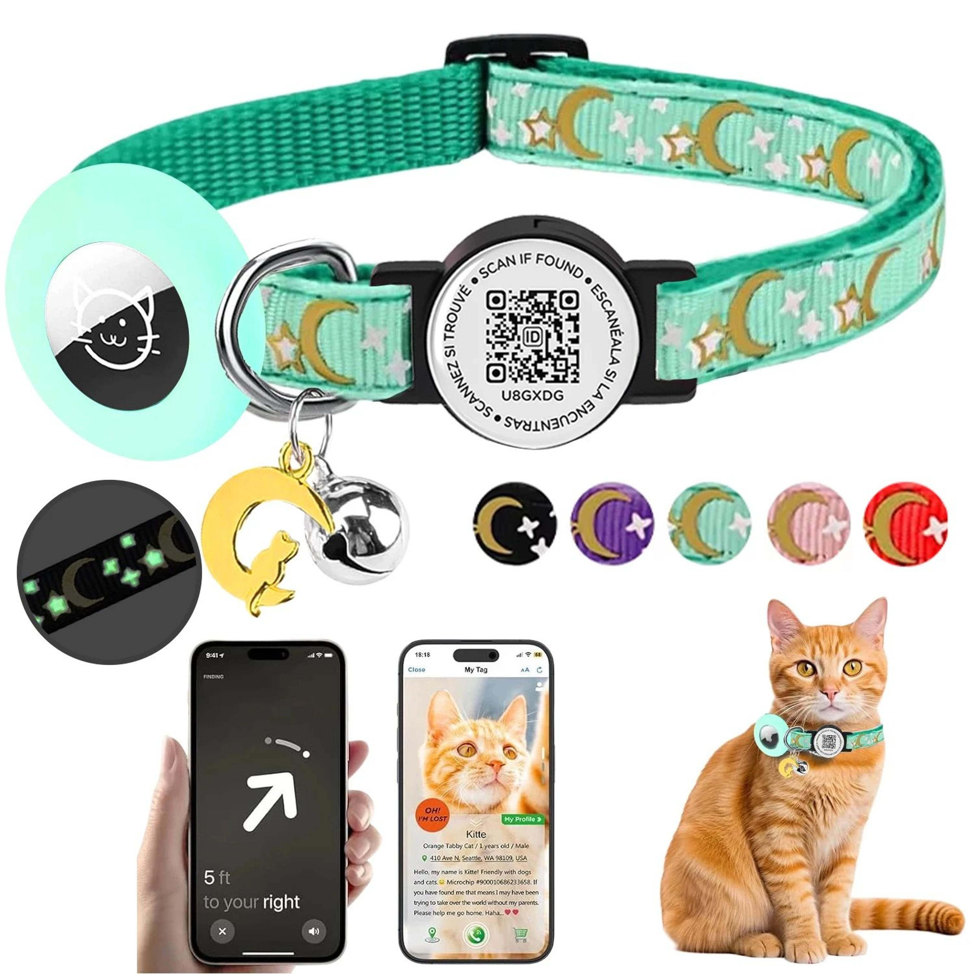 airtag cat collar with glow reflective band and qr id tag