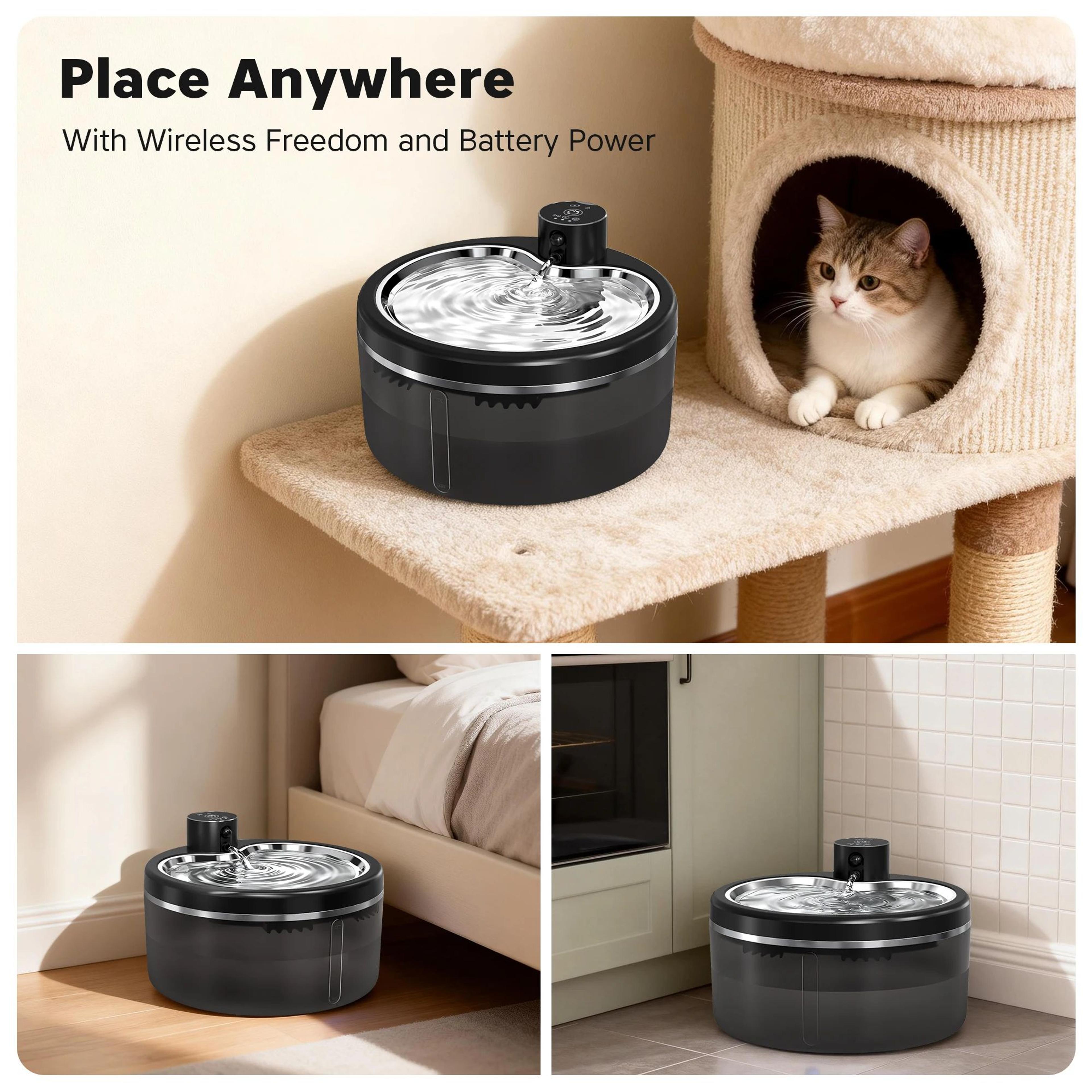 Wireless Smart Pet Water Fountain With Motion Sensor And Stainless Steel Tray 2