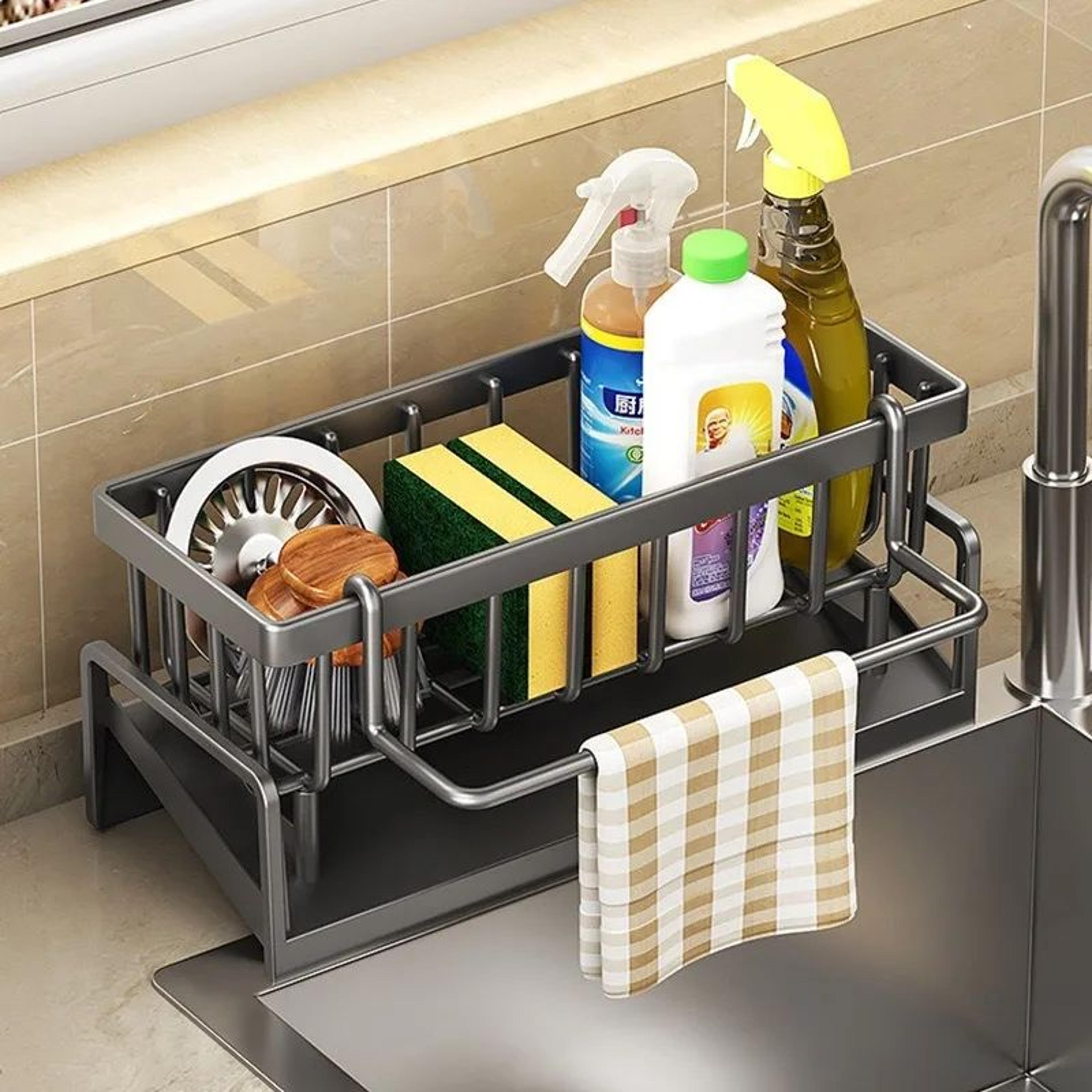 Faucet Mounted Sink Organizer Rack With Sponge Holder And Towel Bar 0