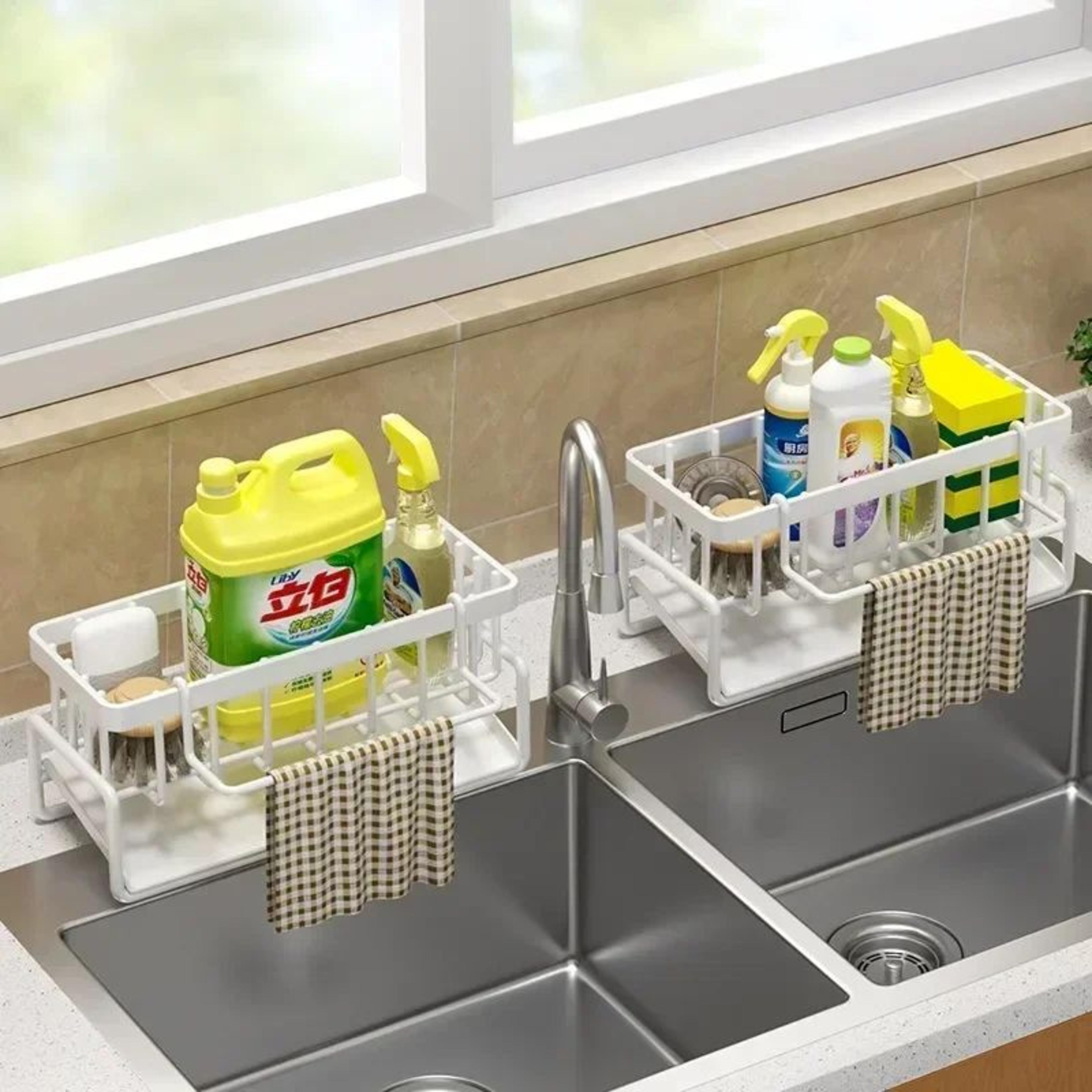 kitchen sink sponge holder and drain basket organizer