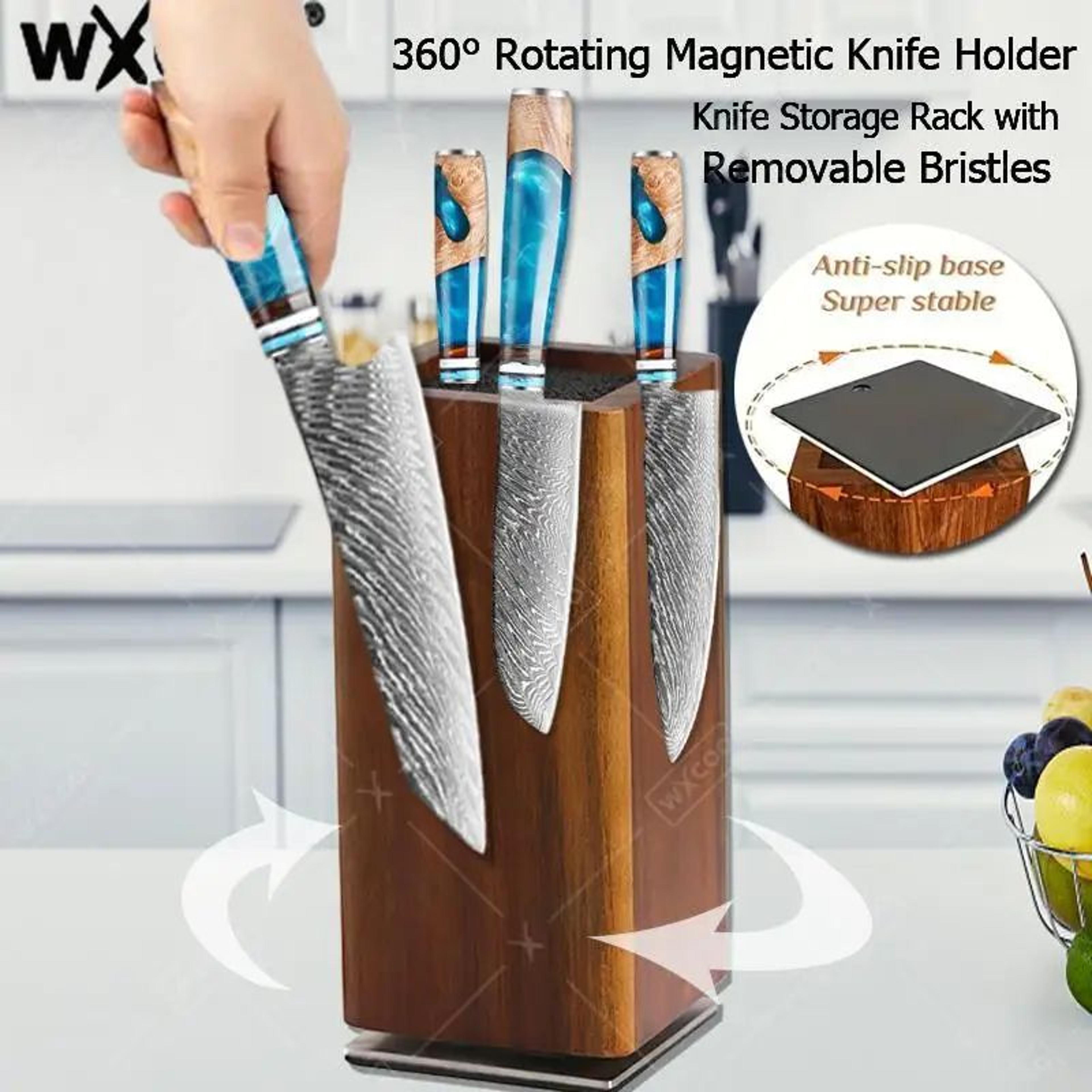 360 rotating magnetic knife holder acacia wood knife block stand
