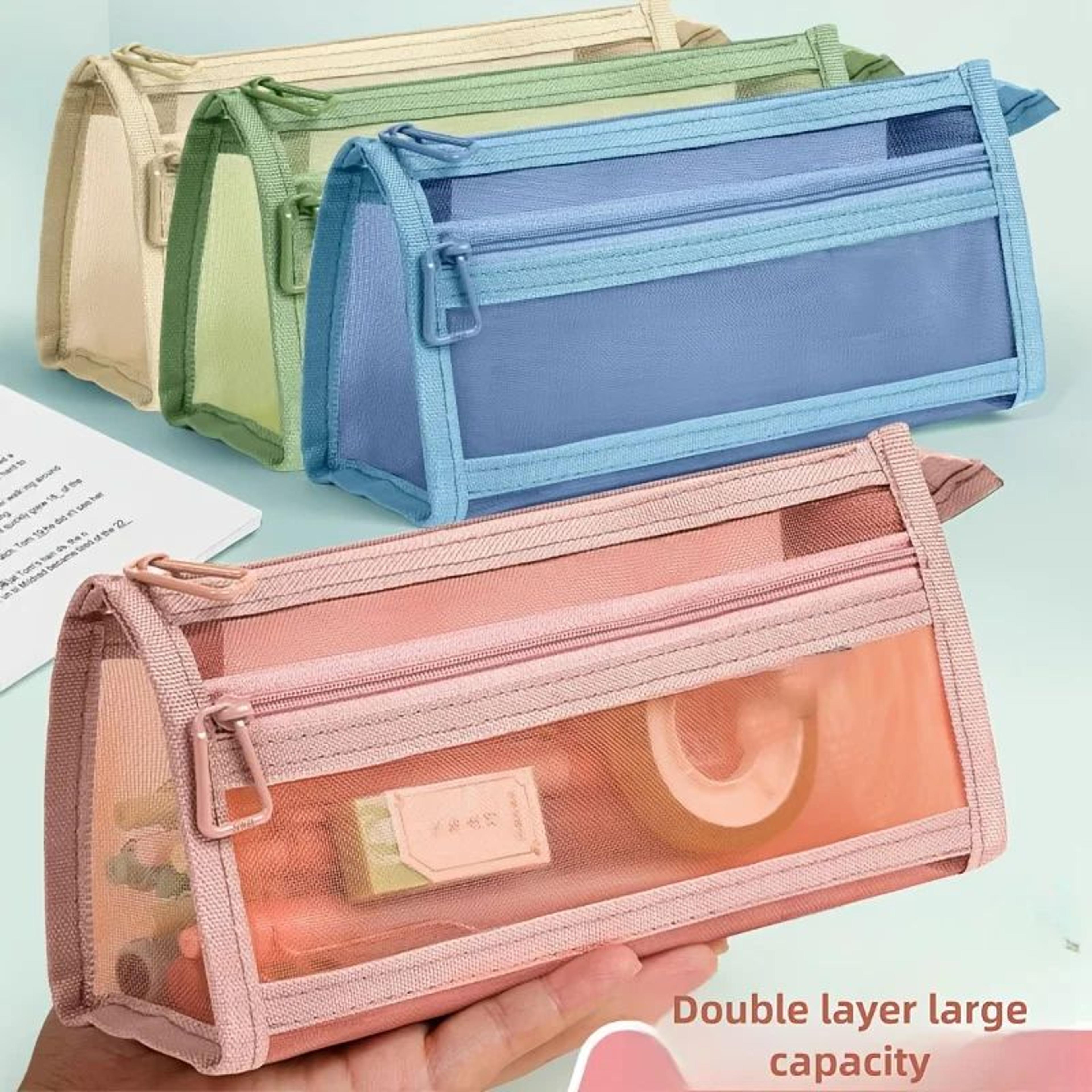 Double Layer Mesh Pencil Case With Handle Clear Storage Organizer Bag 2