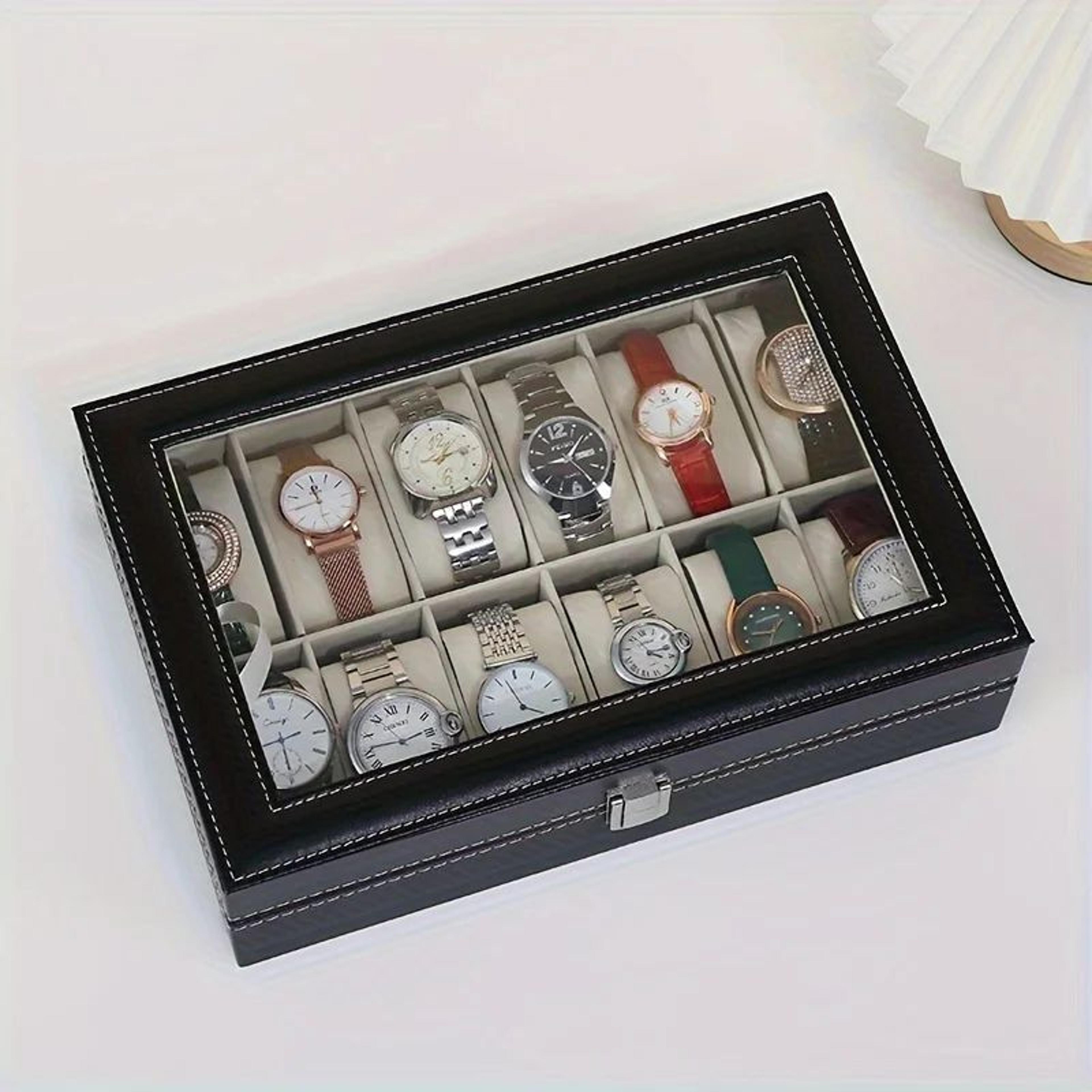 12 Slot Watch Box Faux Leather Watch Display Case Glass Top Organizer 3