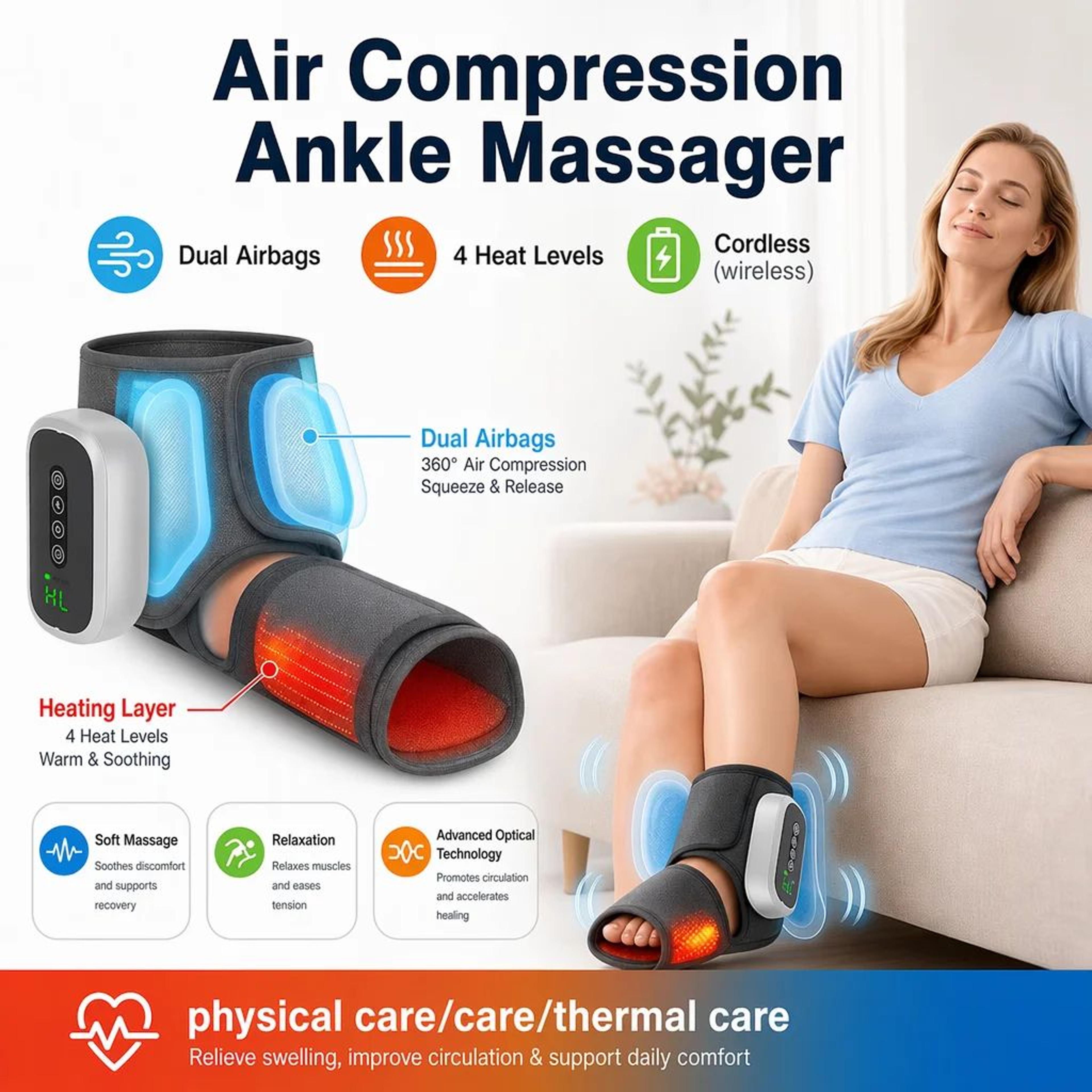 cordless heated ankle compression massager with air compression therapy