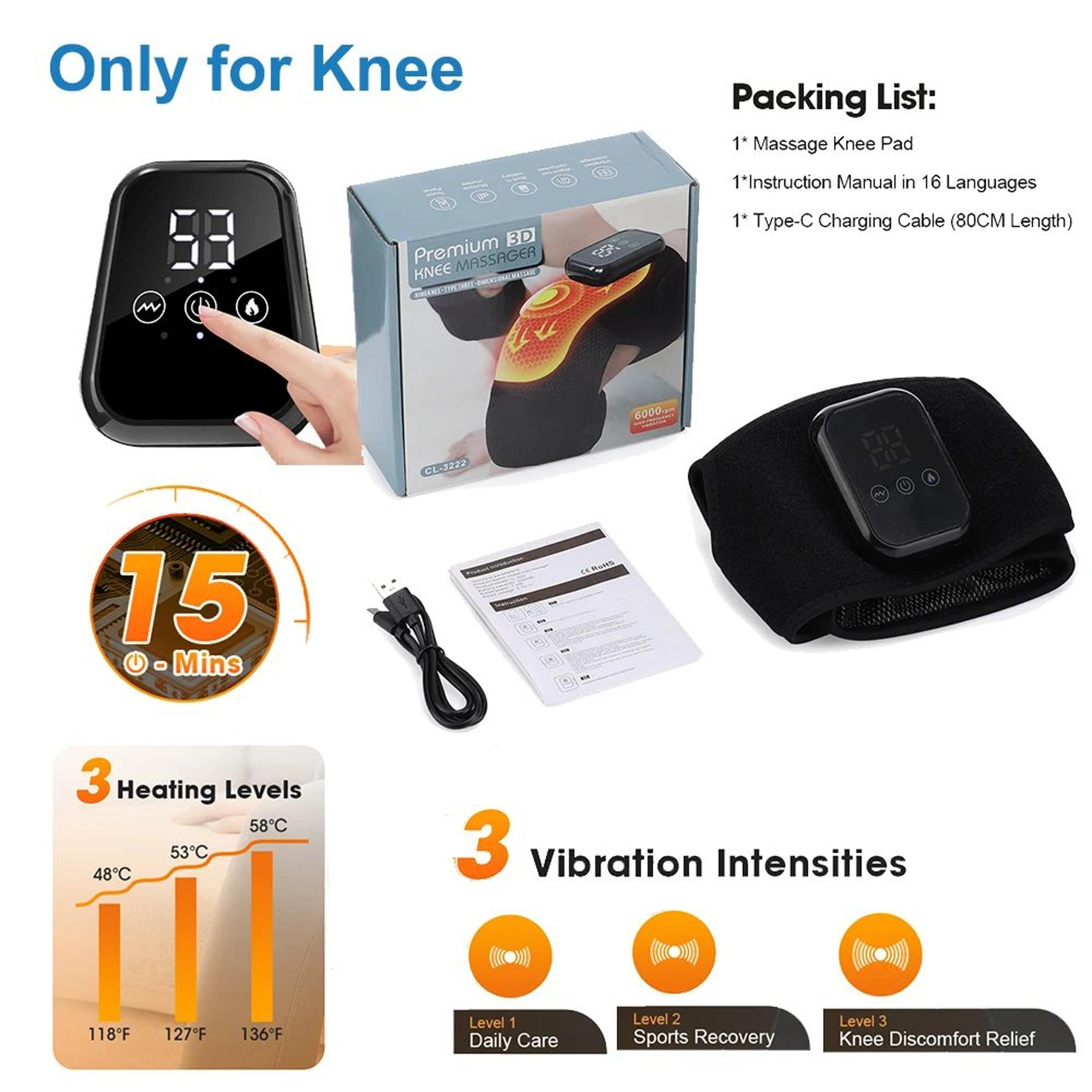 Heated Vibration Knee Massager Cordless Rechargeable Support Brace 12